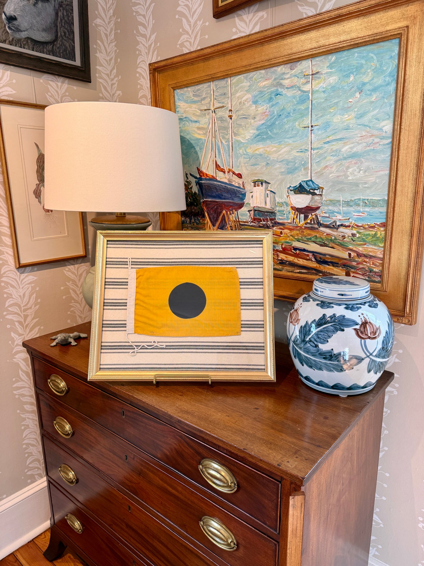Vintage Cotton Nautical Yachting Signal Flag for "I" on Navy Ticking Stripes in Gold Frame