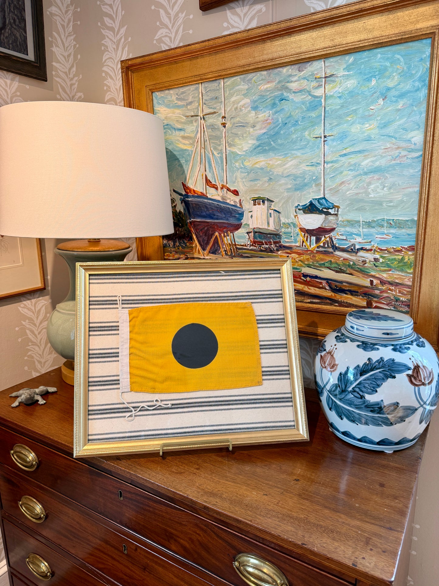 Vintage Cotton Nautical Yachting Signal Flag for "I" on Navy Ticking Stripes in Gold Frame