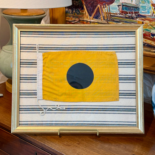 Vintage Cotton Nautical Yachting Signal Flag for "I" on Navy Ticking Stripes in Gold Frame