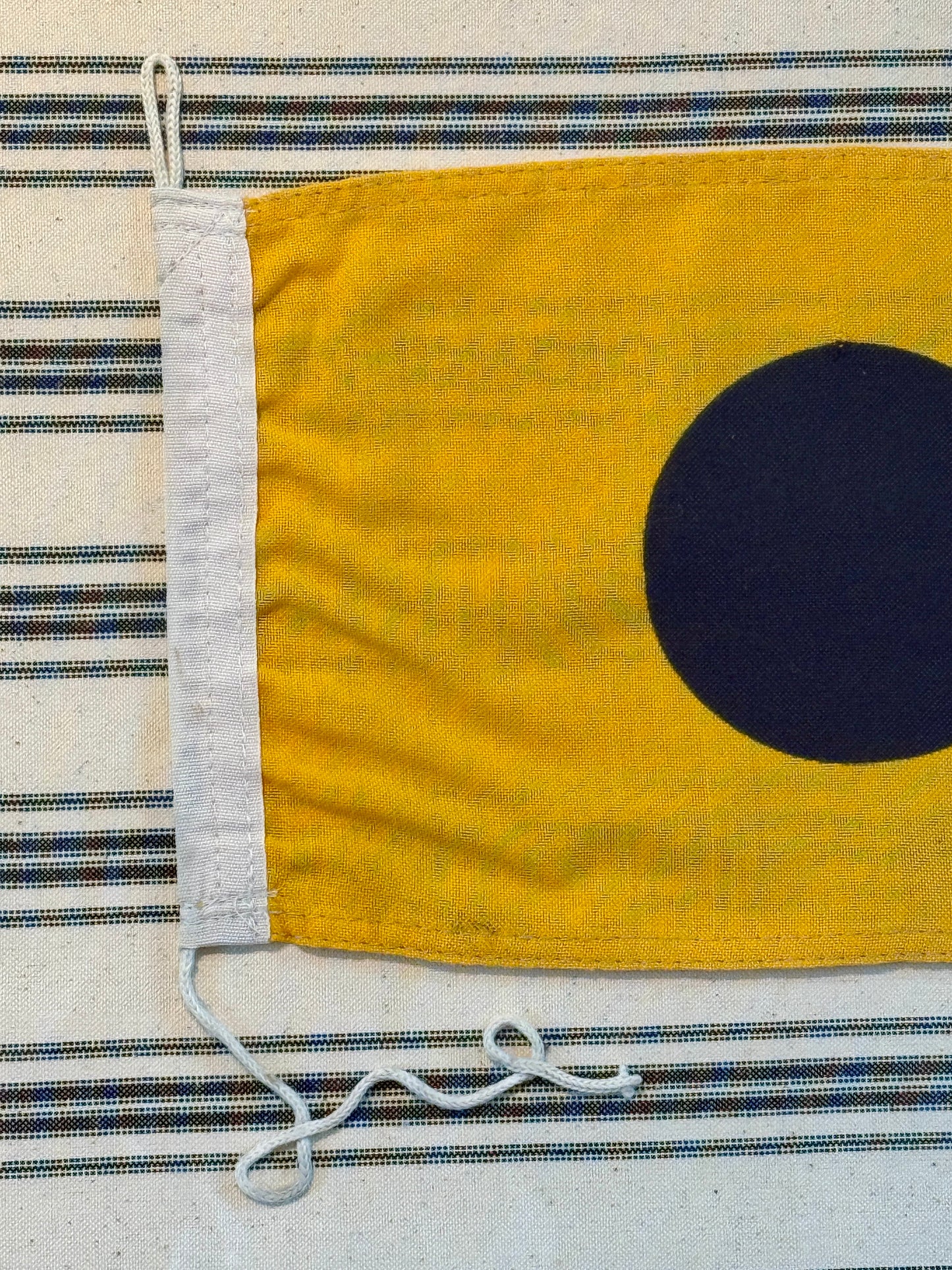 Vintage Cotton Nautical Yachting Signal Flag for "I" on Navy Ticking Stripes in Gold Frame