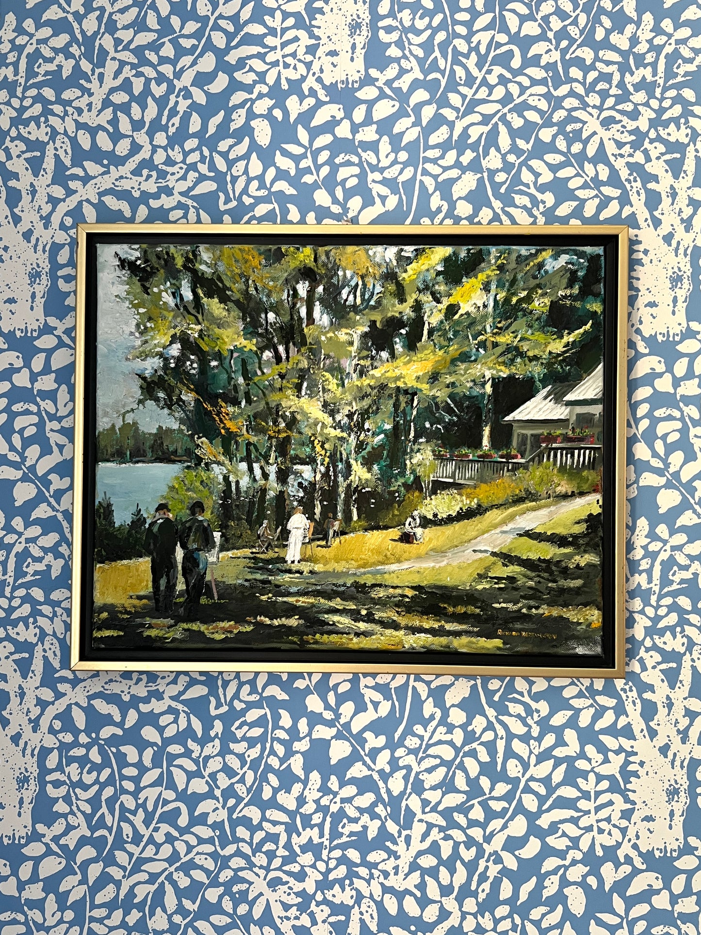 Contemporary Portrait of Plein Air Artists by the Lake in Gold and Black Frame