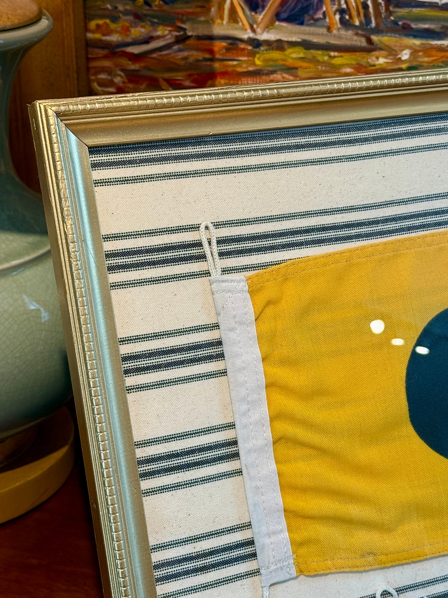 Vintage Cotton Nautical Yachting Signal Flag for "I" on Navy Ticking Stripes in Gold Frame