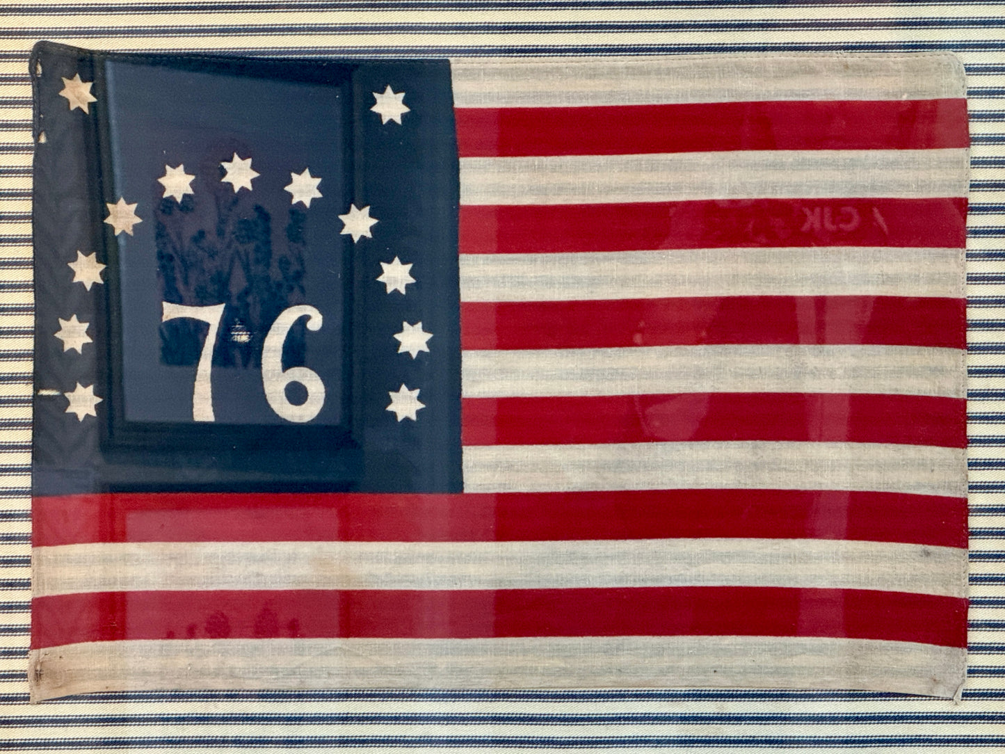 Vintage American Bennington Bicentennial Flag on on Navy TIcking Stripes in Gold Frame
