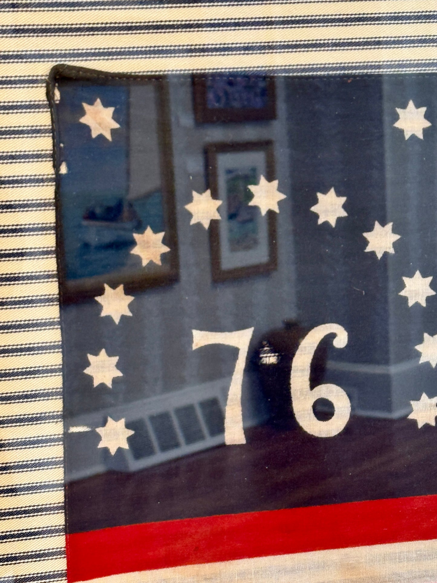 Vintage American Bennington Bicentennial Flag on on Navy TIcking Stripes in Gold Frame