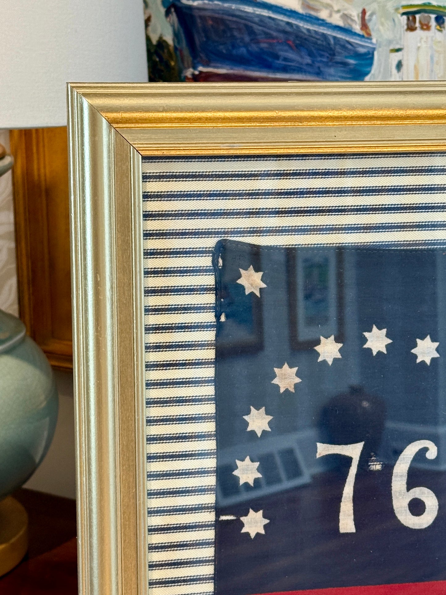 Vintage American Bennington Bicentennial Flag on on Navy TIcking Stripes in Gold Frame
