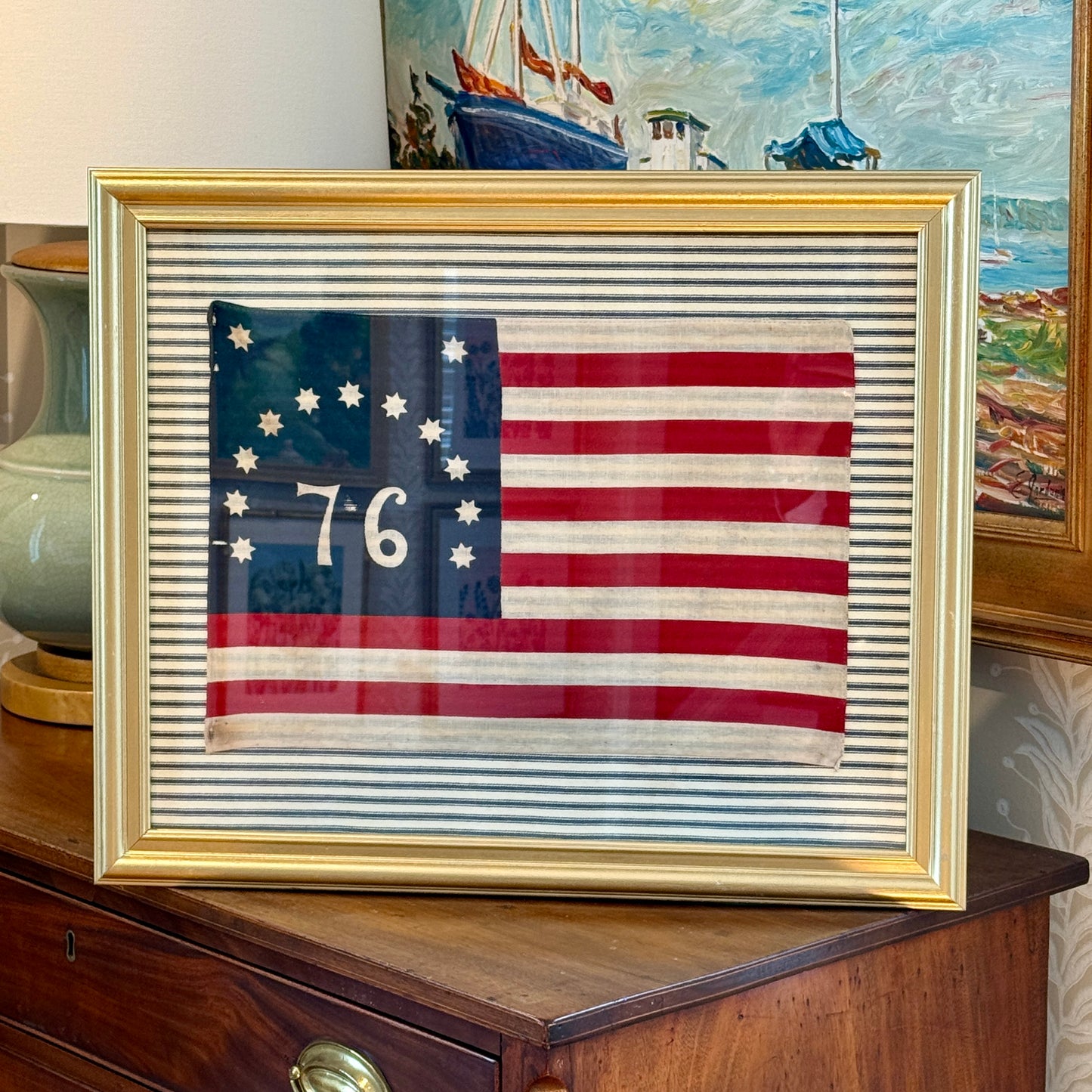 Vintage American Bennington Bicentennial Flag on on Navy TIcking Stripes in Gold Frame