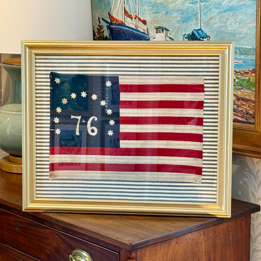 Vintage American Bennington Bicentennial Flag on on Navy TIcking Stripes in Gold Frame