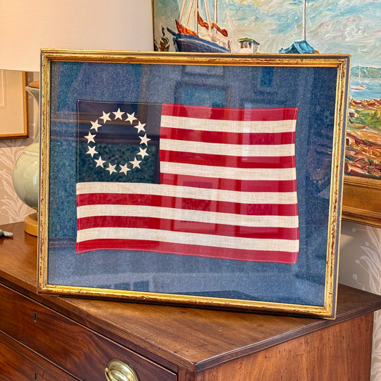 Vintage Betsy Ross 13 Star Flag on Dark Felted Chambray in Old Gold Frame