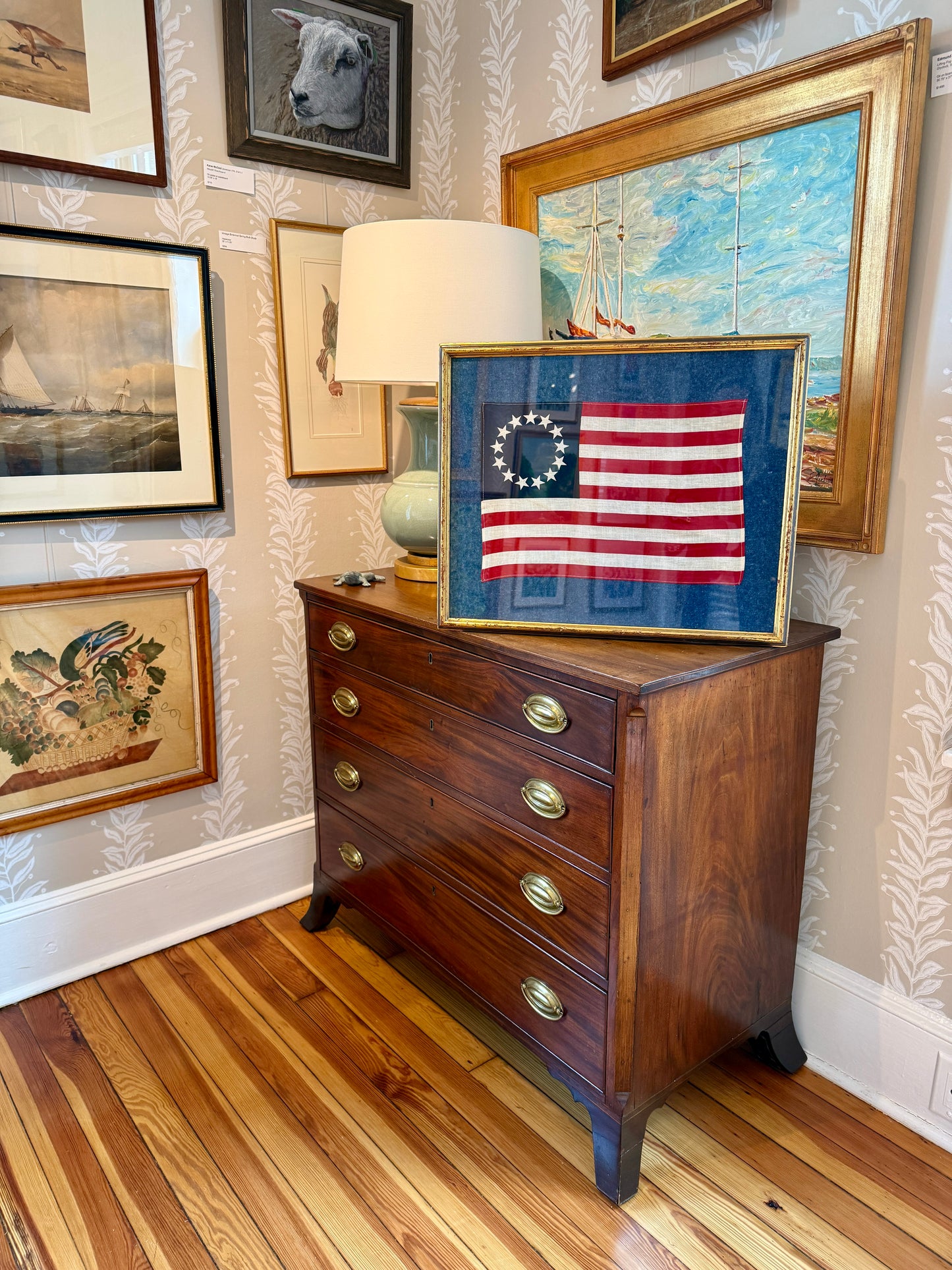 Vintage Betsy Ross 13 Star Flag on Dark Felted Chambray in Old Gold Frame