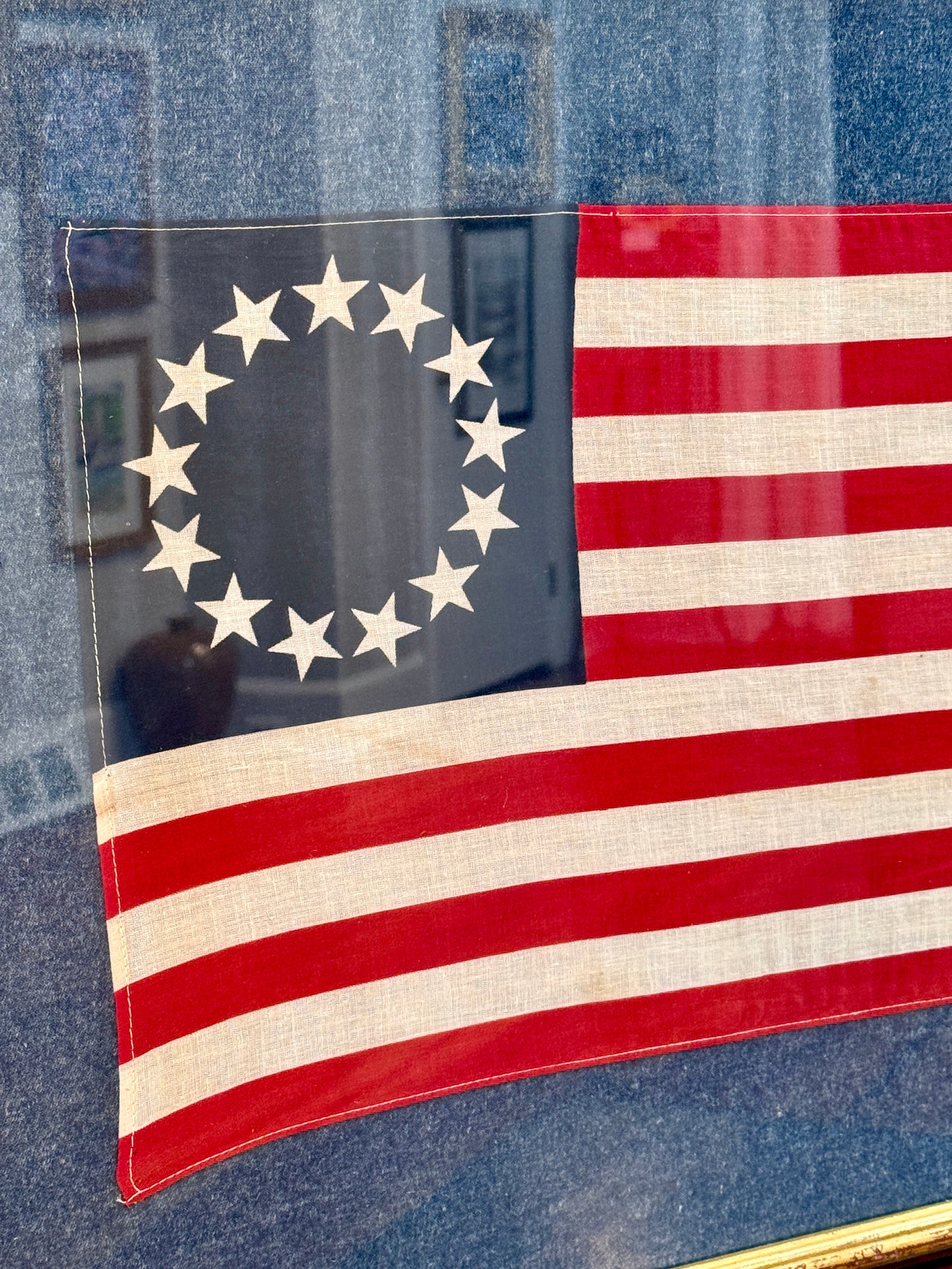 Vintage Betsy Ross 13 Star Flag on Dark Felted Chambray in Old Gold Frame