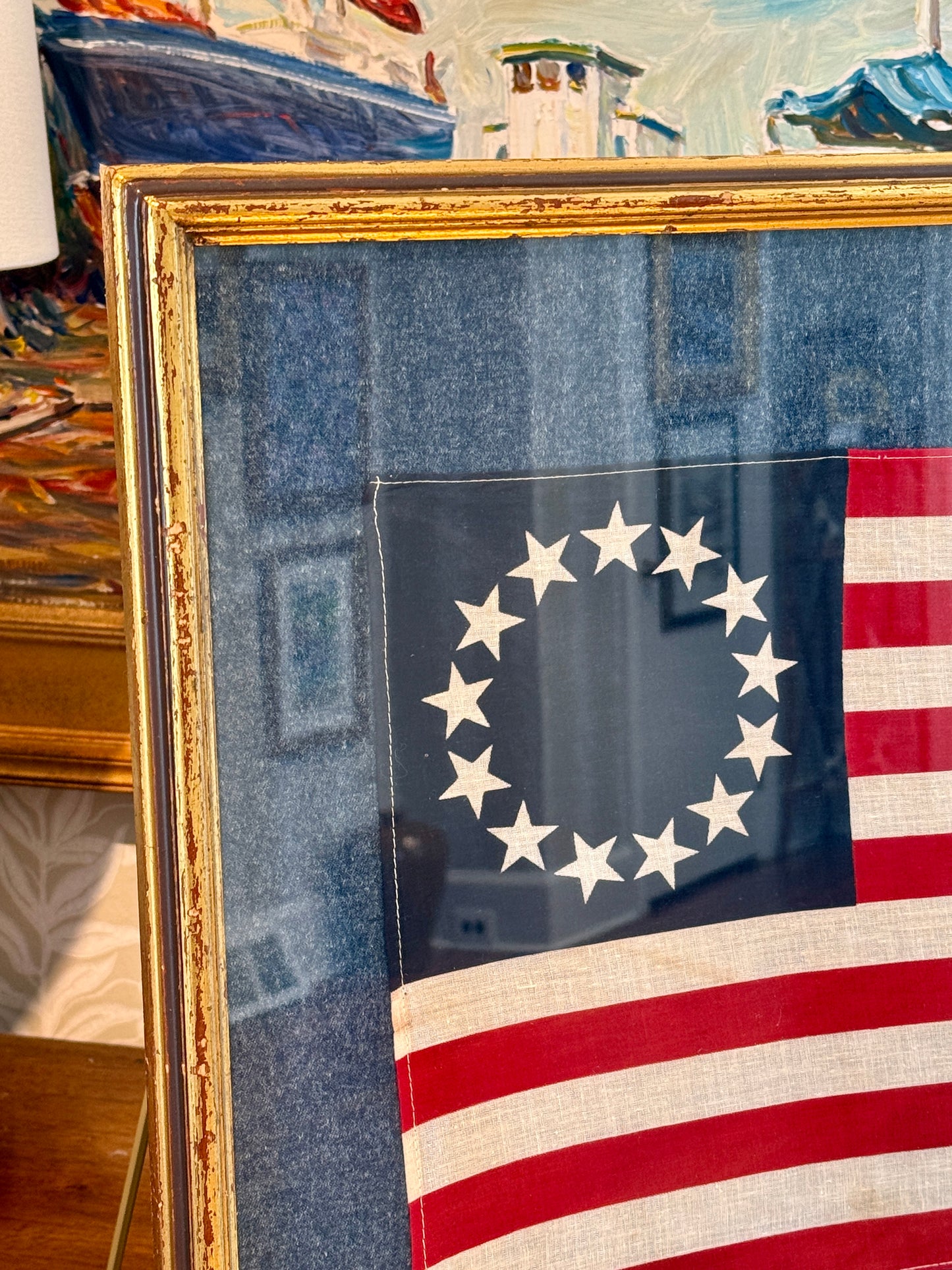 Vintage Betsy Ross 13 Star Flag on Dark Felted Chambray in Old Gold Frame