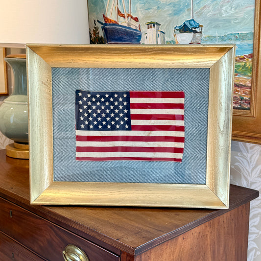 Vintage 50 Star American Flag on Light Blue Herringbone in Gold Wood Scoop Frame