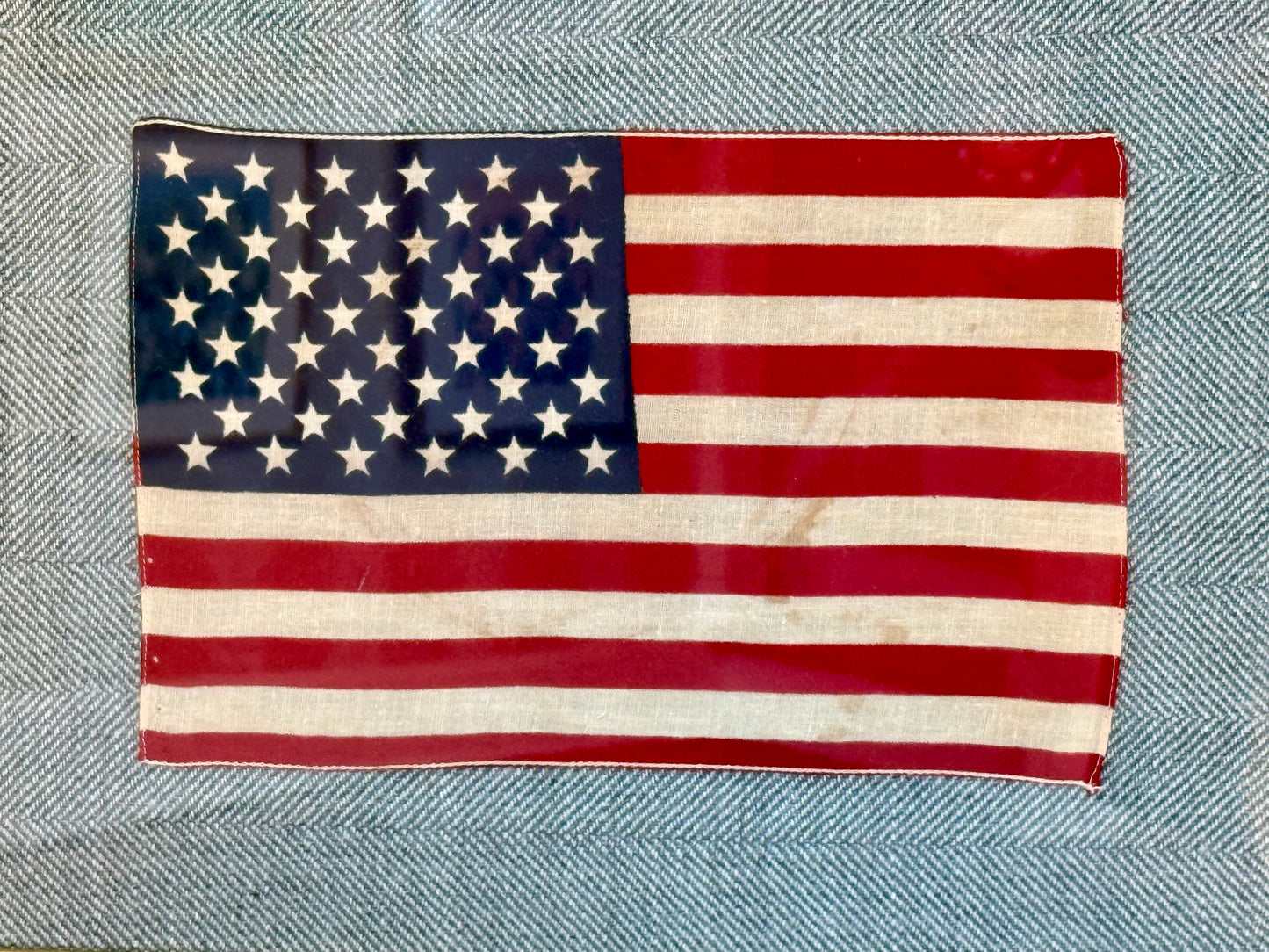Vintage 50 Star American Flag on Light Blue Herringbone in Gold Wood Scoop Frame