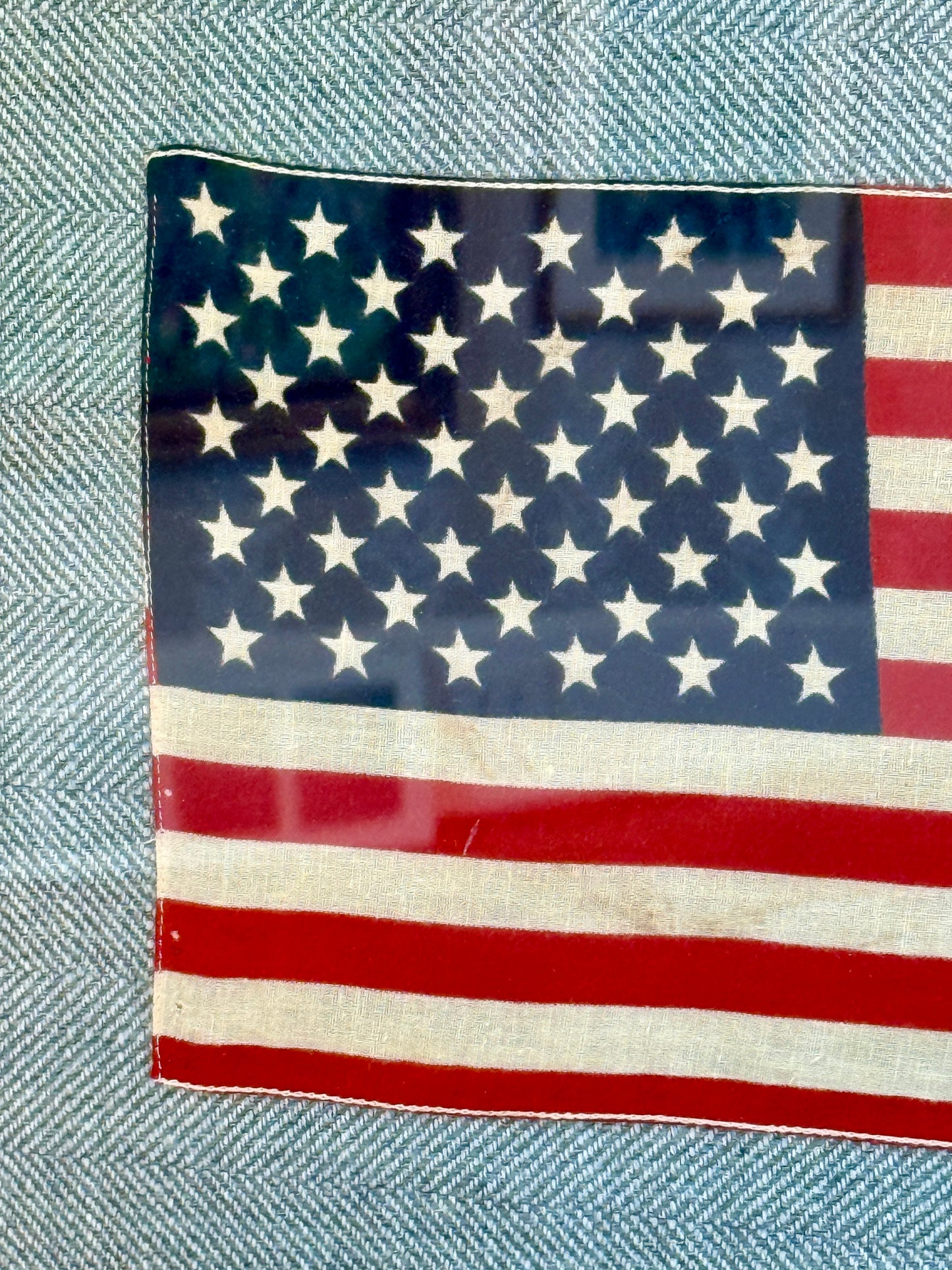 Vintage 50 Star American Flag on Light Blue Herringbone in Gold Wood Scoop Frame