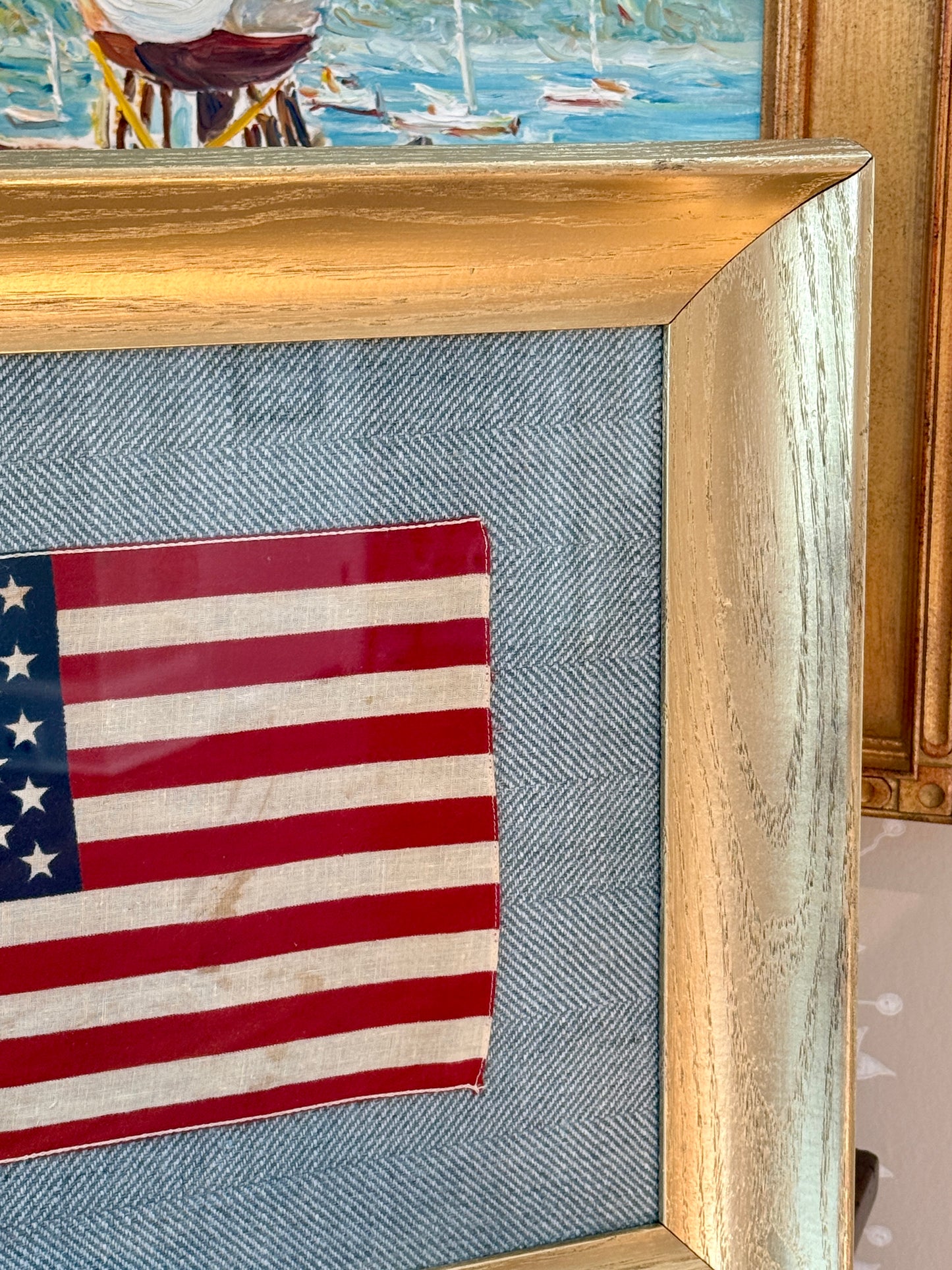 Vintage 50 Star American Flag on Light Blue Herringbone in Gold Wood Scoop Frame