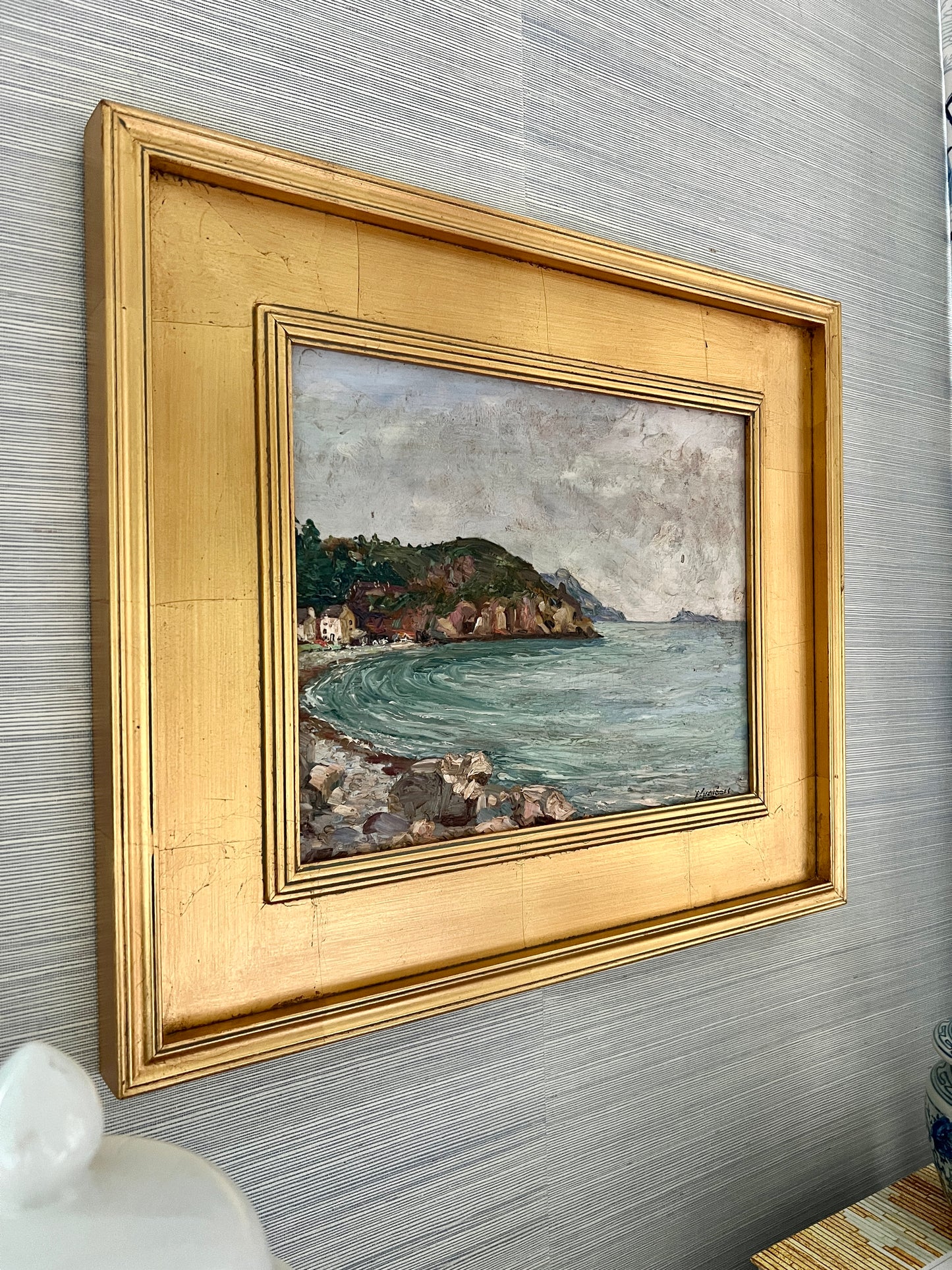 Antique French Coastal Landscape with Houses Oil Painting in Gold Frame
