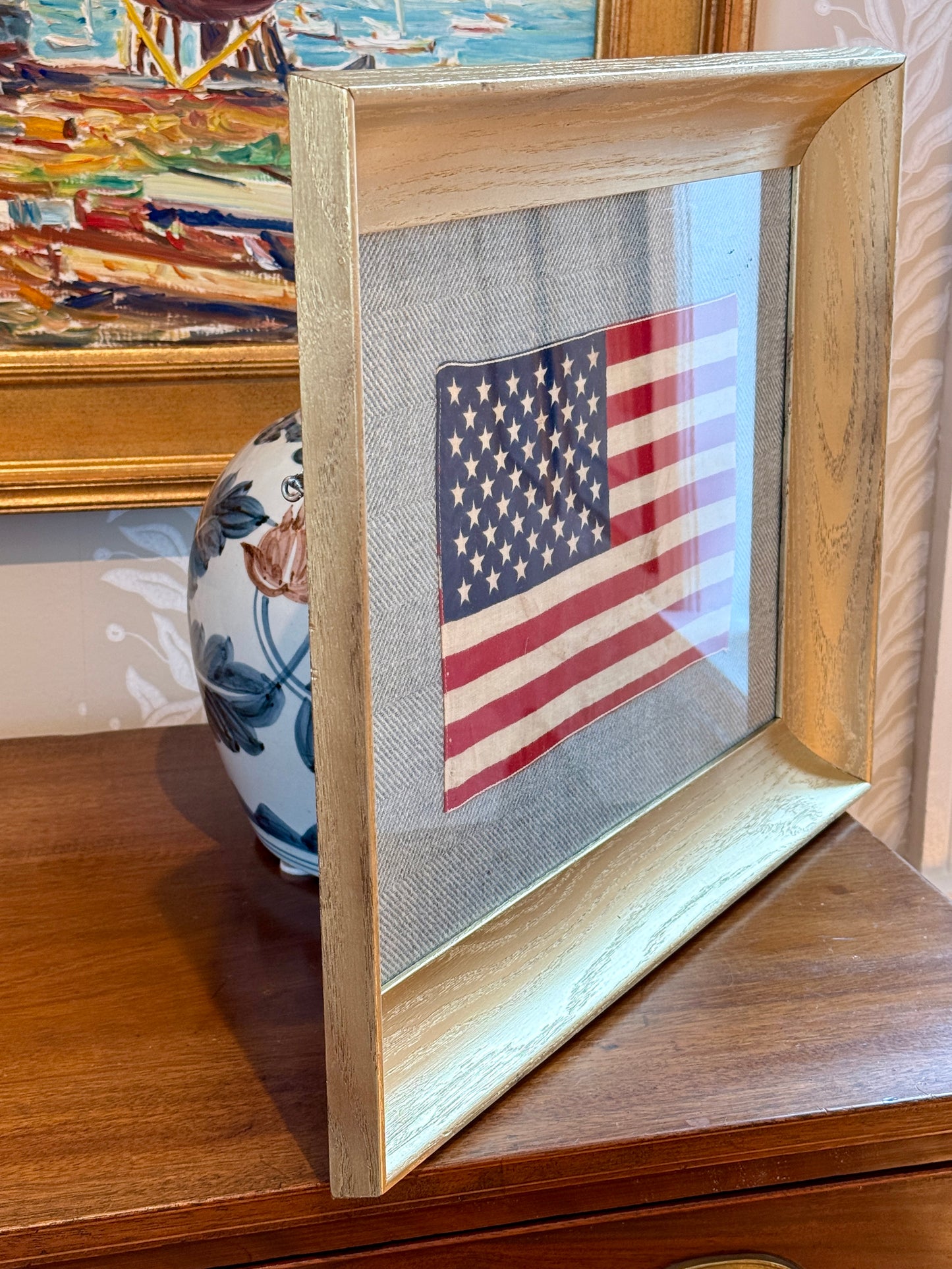 Vintage 50 Star American Flag on Light Blue Herringbone in Gold Wood Scoop Frame