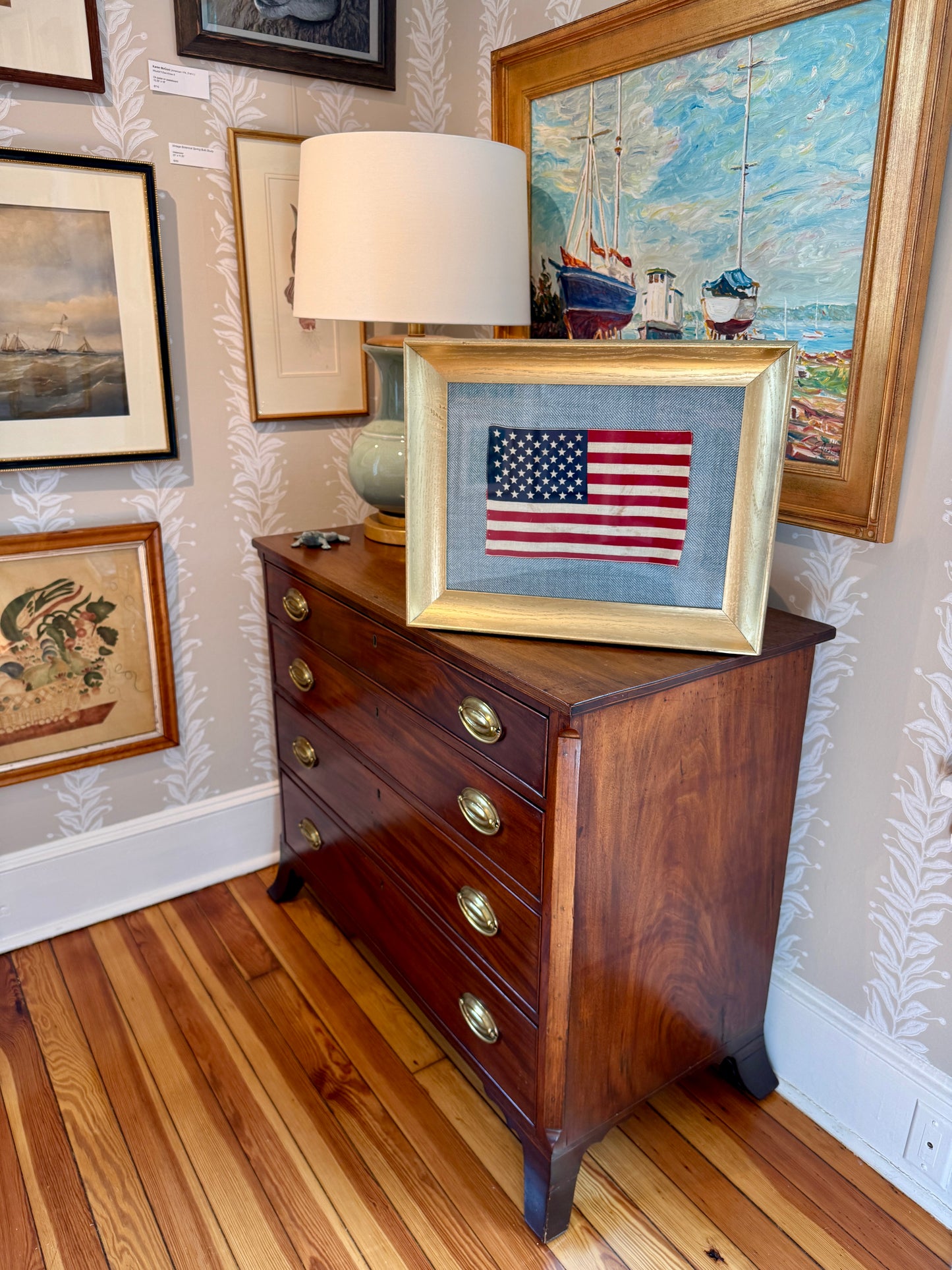 Vintage 50 Star American Flag on Light Blue Herringbone in Gold Wood Scoop Frame