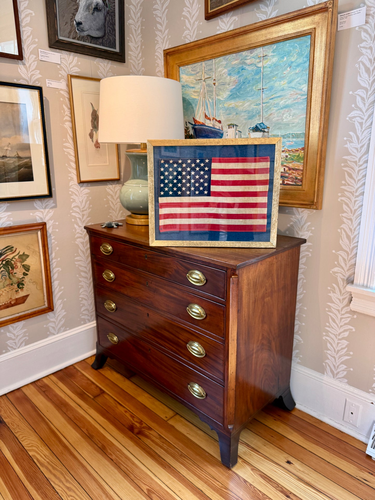 Vintage 50 Star American Flag on Dark Felted Chambray in Gold Barnwood Frame