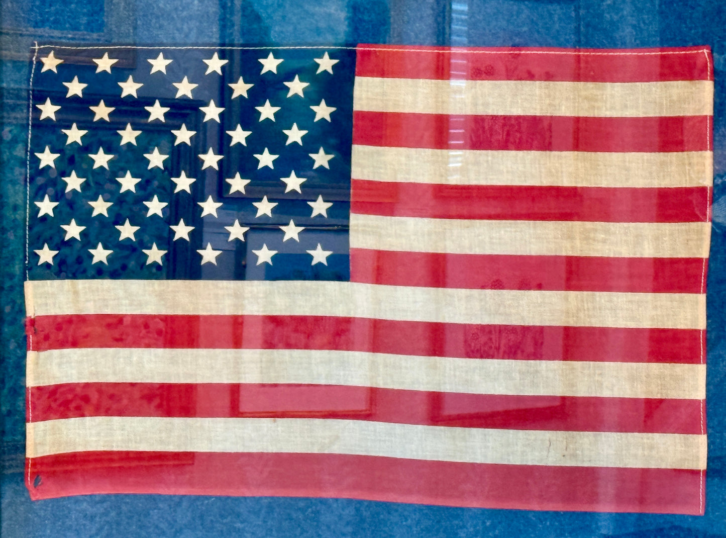 Vintage 50 Star American Flag on Dark Felted Chambray in Gold Barnwood Frame