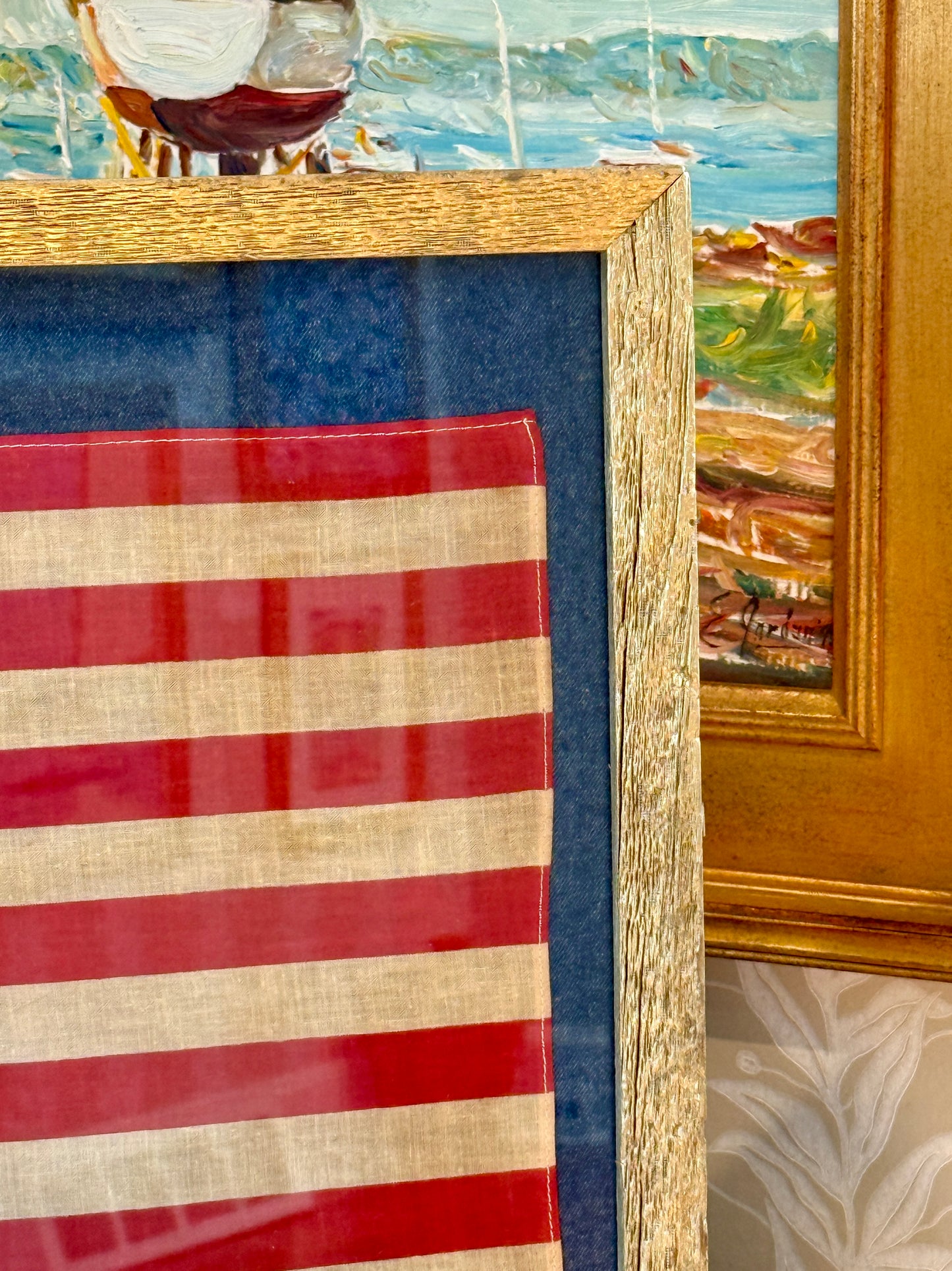 Vintage 50 Star American Flag on Dark Felted Chambray in Gold Barnwood Frame