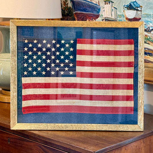 Vintage 50 Star American Flag on Dark Felted Chambray in Gold Barnwood Frame