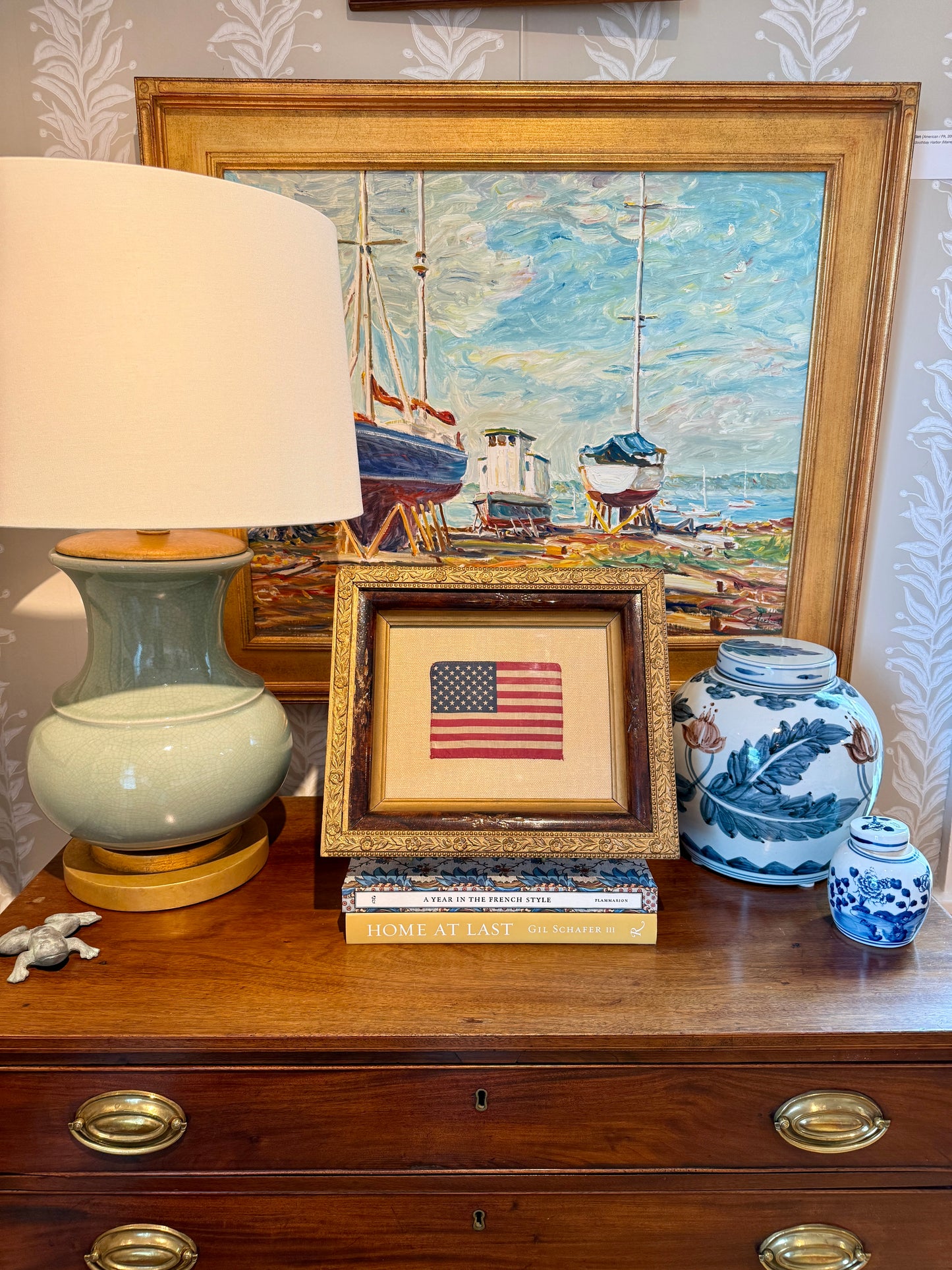 Vintage 50 Star American Flag on Tan Pique in Deep 19th Century Floral Carved Frame