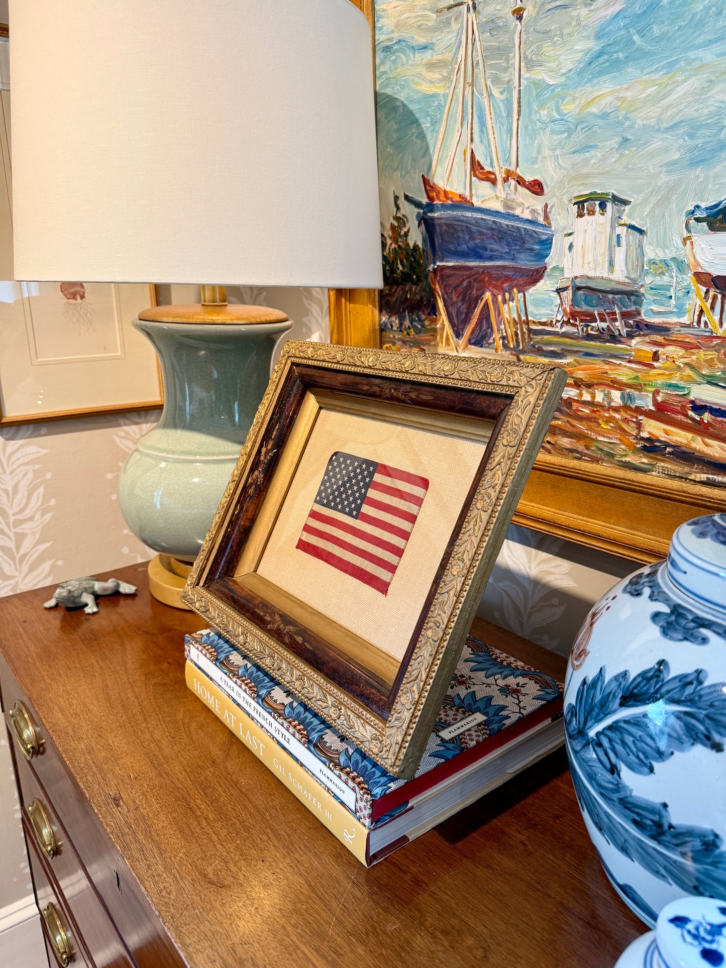 Vintage 50 Star American Flag on Tan Pique in Deep 19th Century Floral Carved Frame