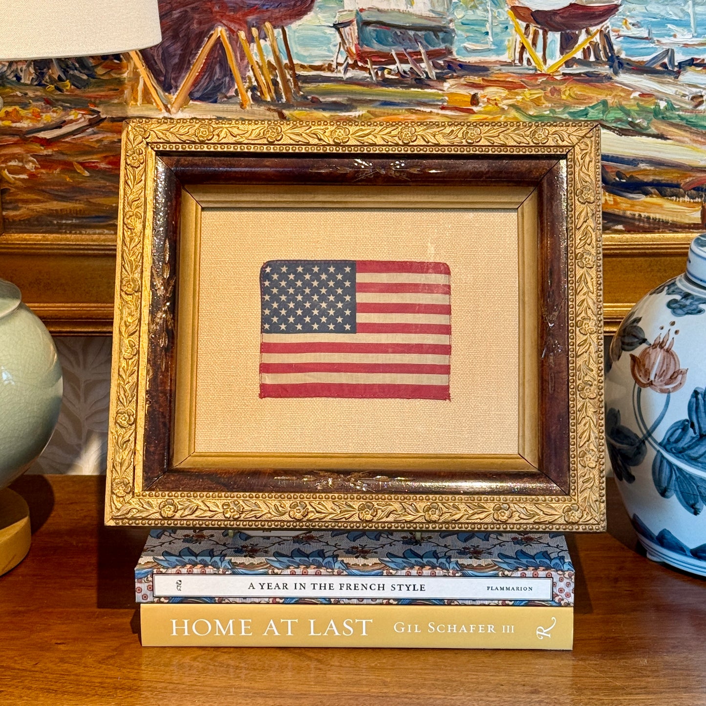 Vintage 50 Star American Flag on Tan Pique in Deep 19th Century Floral Carved Frame