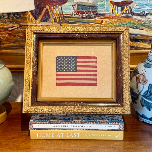 Vintage 50 Star American Flag on Tan Pique in Deep 19th Century Floral Carved Frame
