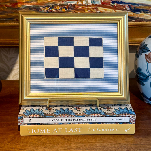 Vintage Cotton Nautical Yachting Signal Flag for "N" on Blue Stripes in Gold Frame