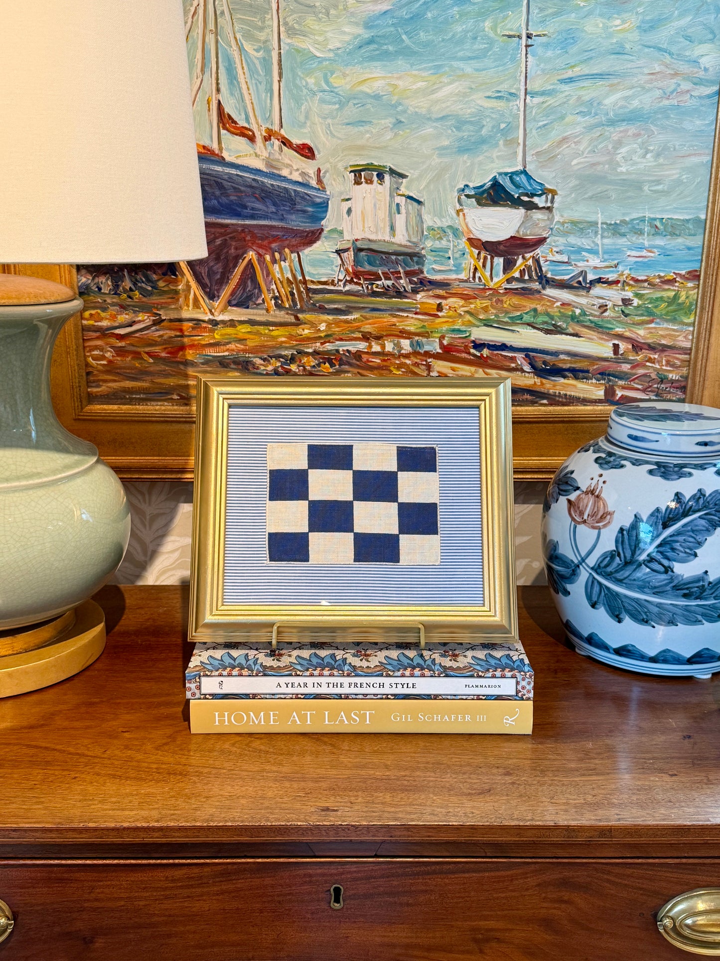 Vintage Cotton Nautical Yachting Signal Flag for "N" on Blue Stripes in Gold Frame