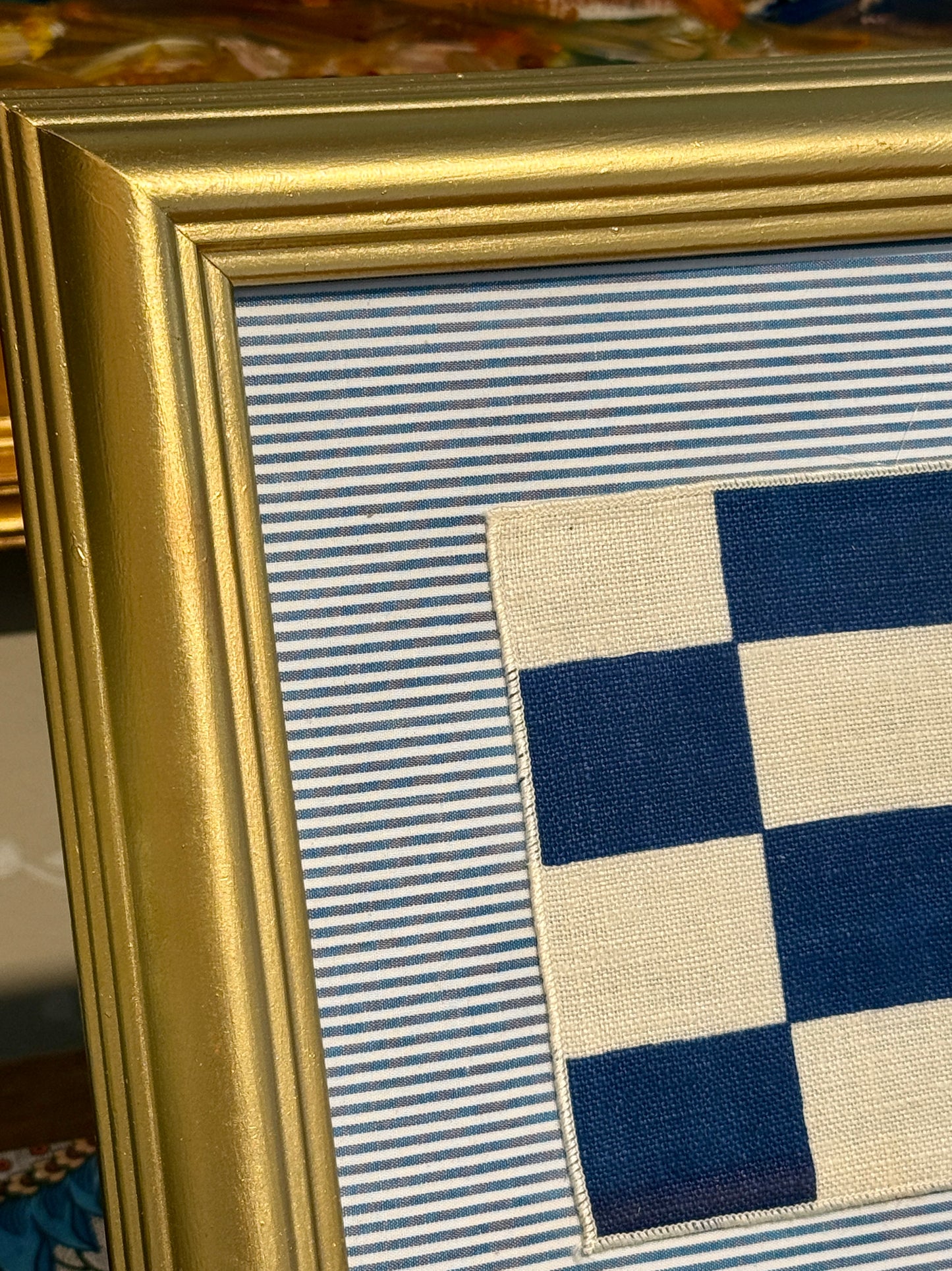 Vintage Cotton Nautical Yachting Signal Flag for "N" on Blue Stripes in Gold Frame