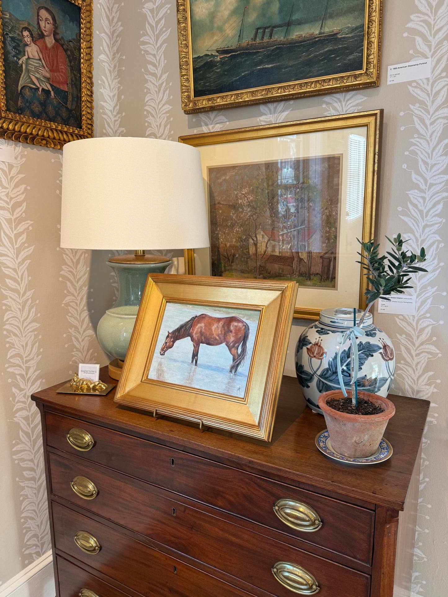 Andrea Hennings Horse Portrait "Refreshing" Oil Painting in Gold Frame