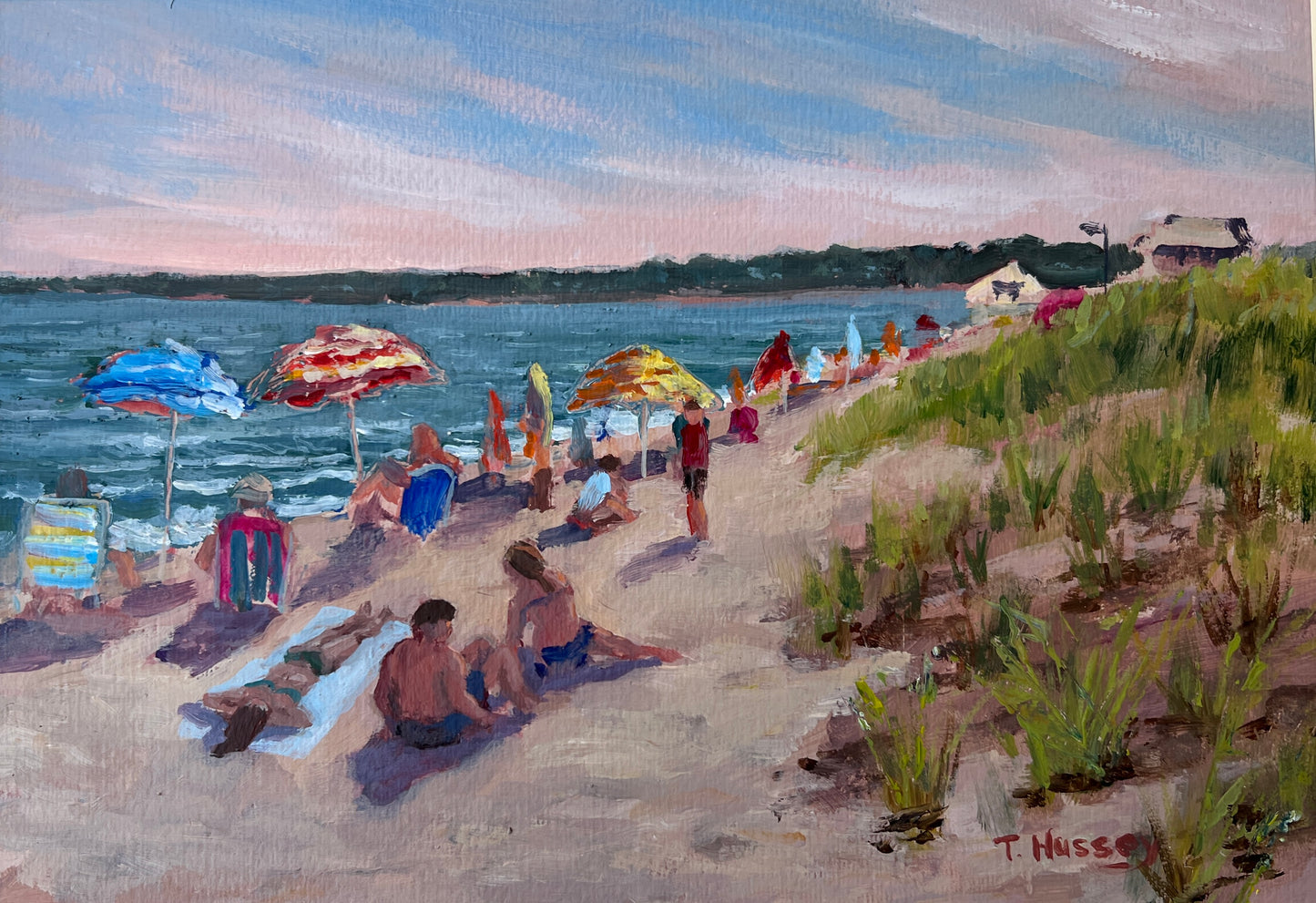 Tom Hussey "Afternoon at Ocean Park" Maine Beach Scene Oil Painting in Gold Frame