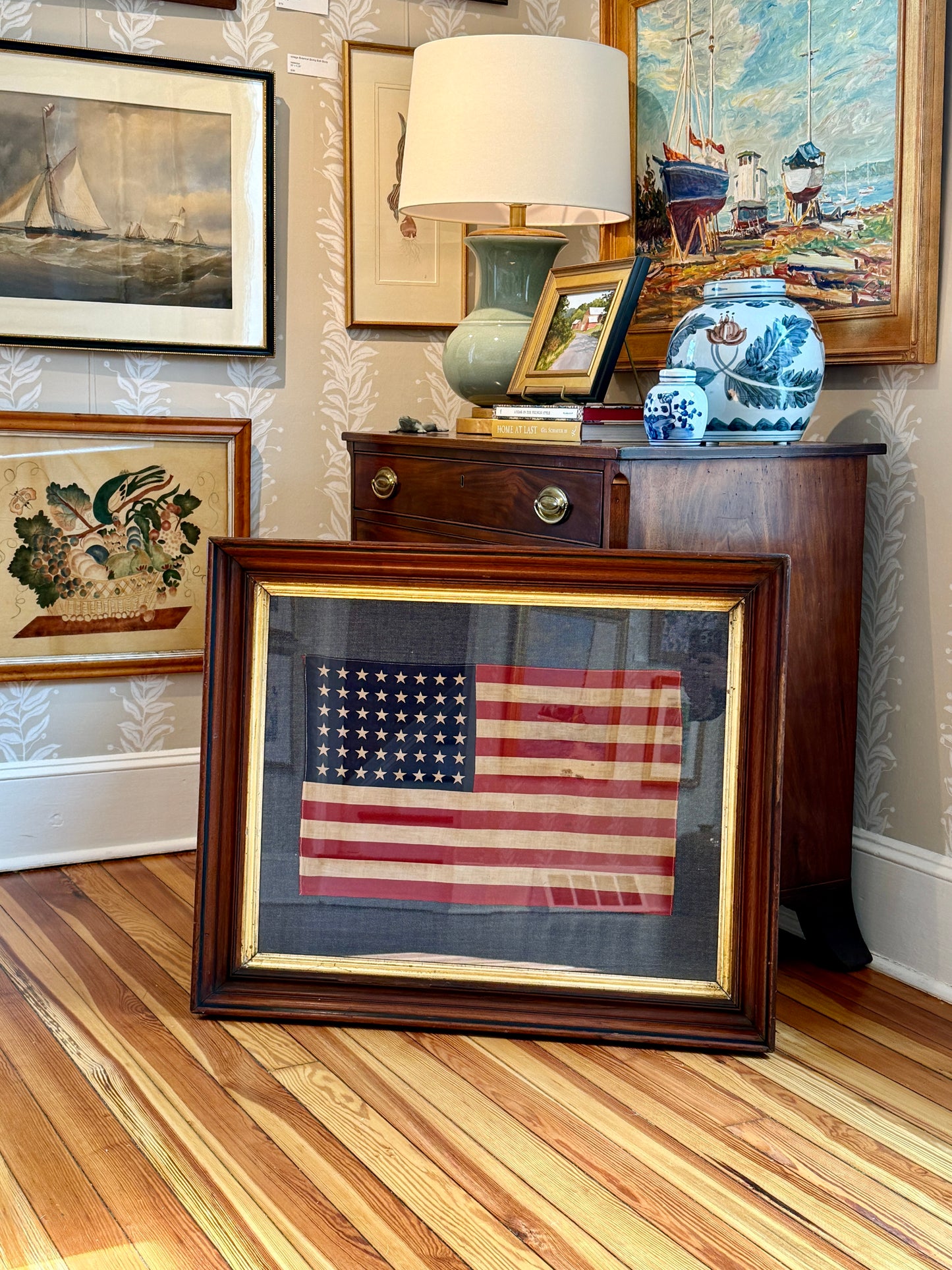 48 Star American Flag on Blue Pique in 19th Century Walnut Frame