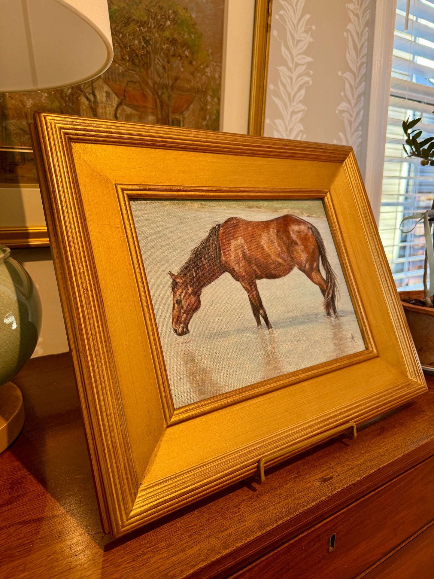 Andrea Hennings Horse Portrait "Refreshing" Oil Painting in Gold Frame