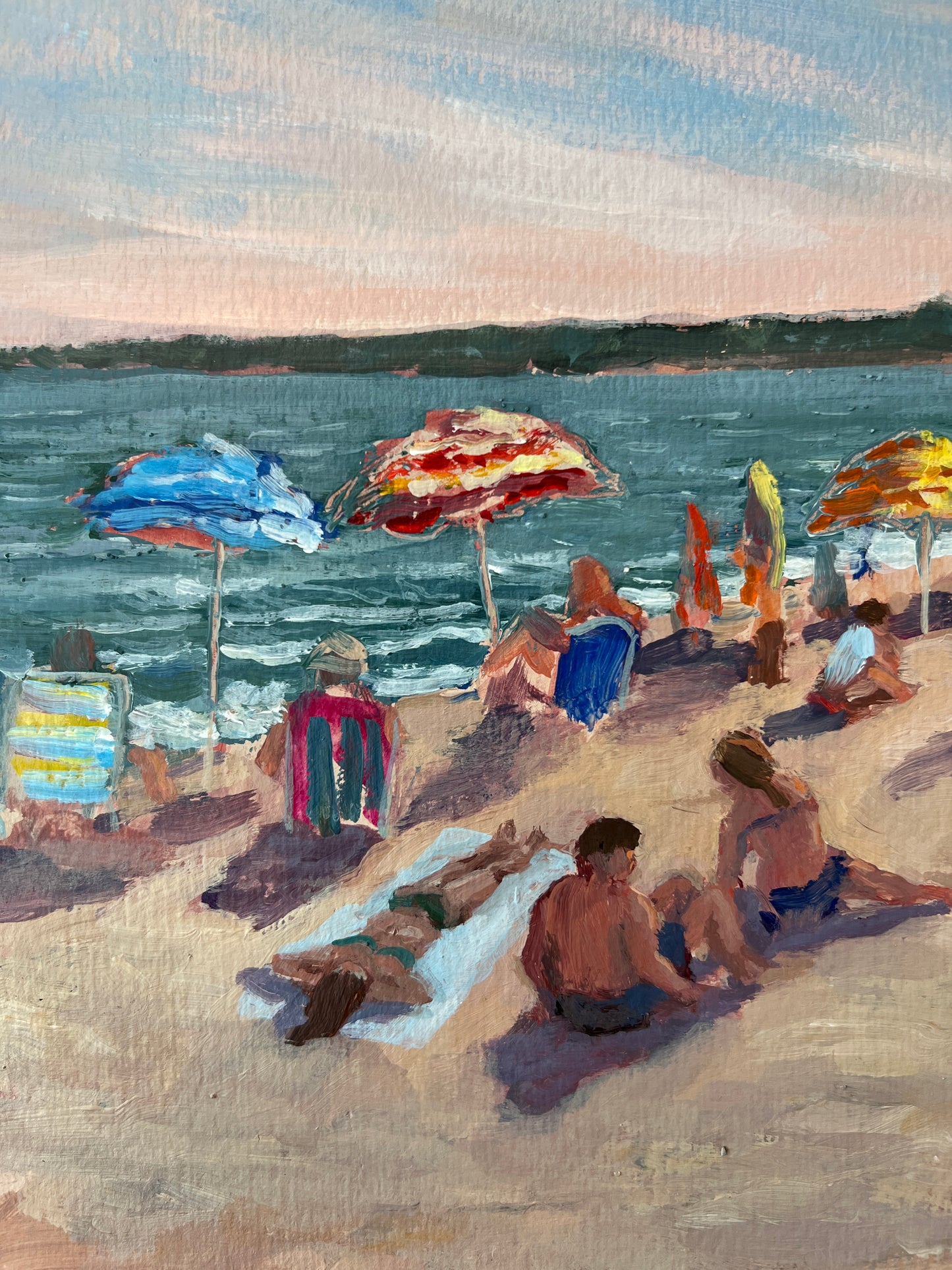 Tom Hussey "Afternoon at Ocean Park" Maine Beach Scene Oil Painting in Gold Frame