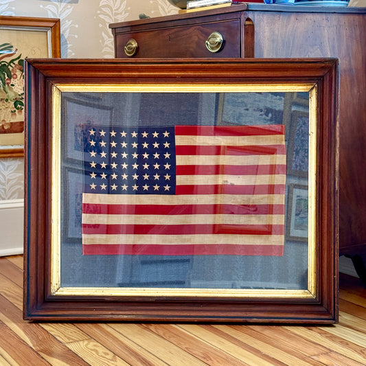 48 Star American Flag on Blue Pique in 19th Century Walnut Frame