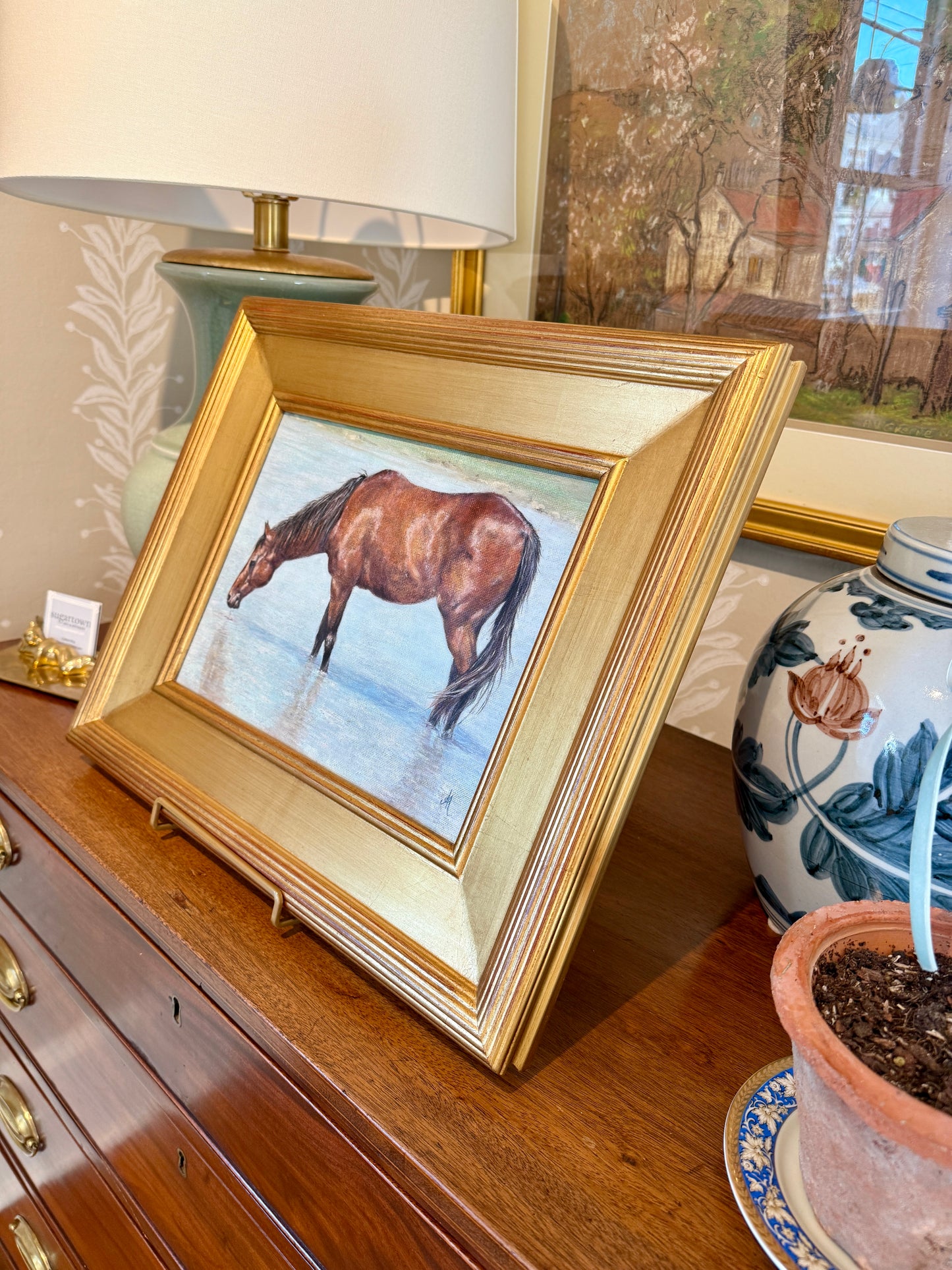 Andrea Hennings Horse Portrait "Refreshing" Oil Painting in Gold Frame