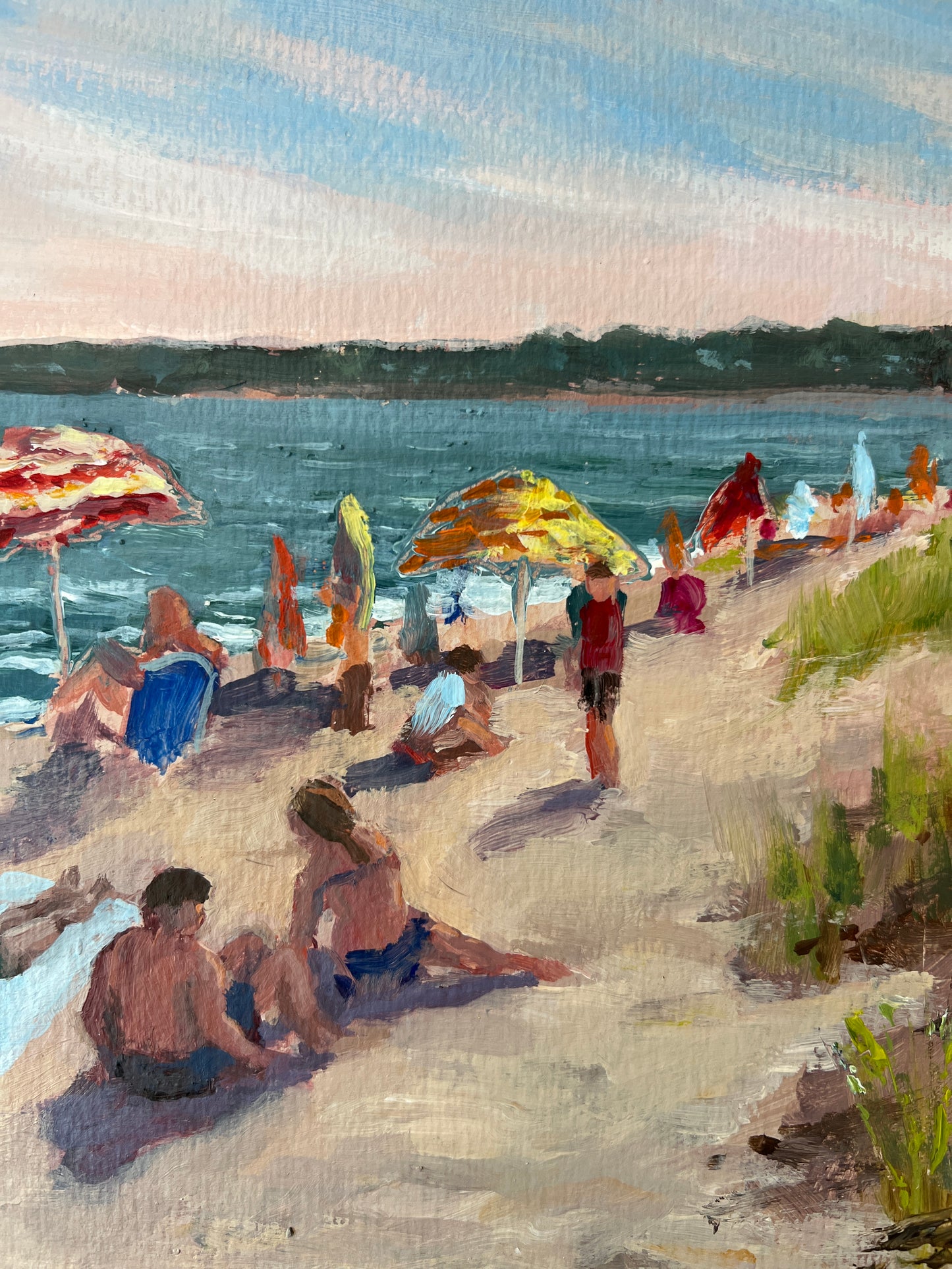 Tom Hussey "Afternoon at Ocean Park" Maine Beach Scene Oil Painting in Gold Frame