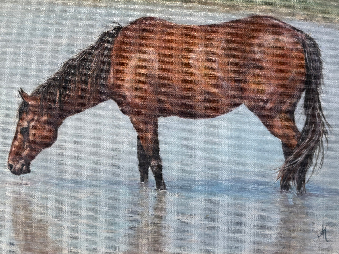 Andrea Hennings Horse Portrait "Refreshing" Oil Painting in Gold Frame