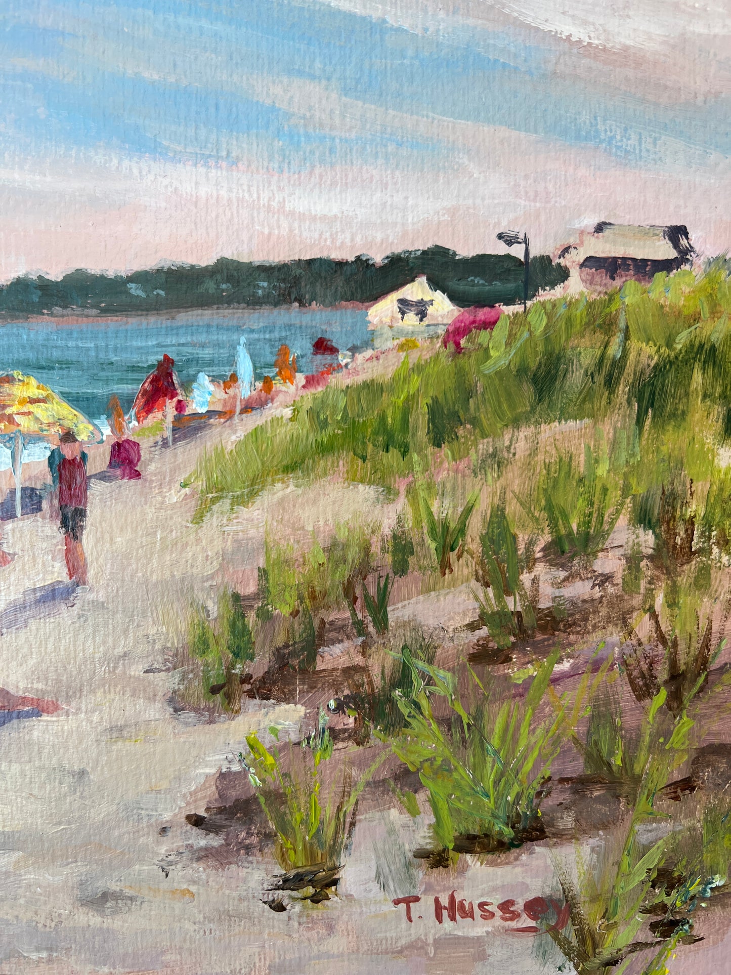 Tom Hussey "Afternoon at Ocean Park" Maine Beach Scene Oil Painting in Gold Frame