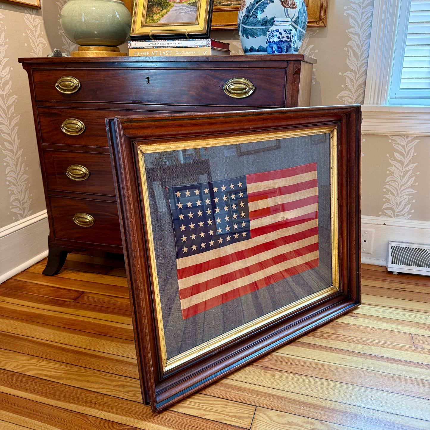 48 Star American Flag on Blue Pique in 19th Century Walnut Frame