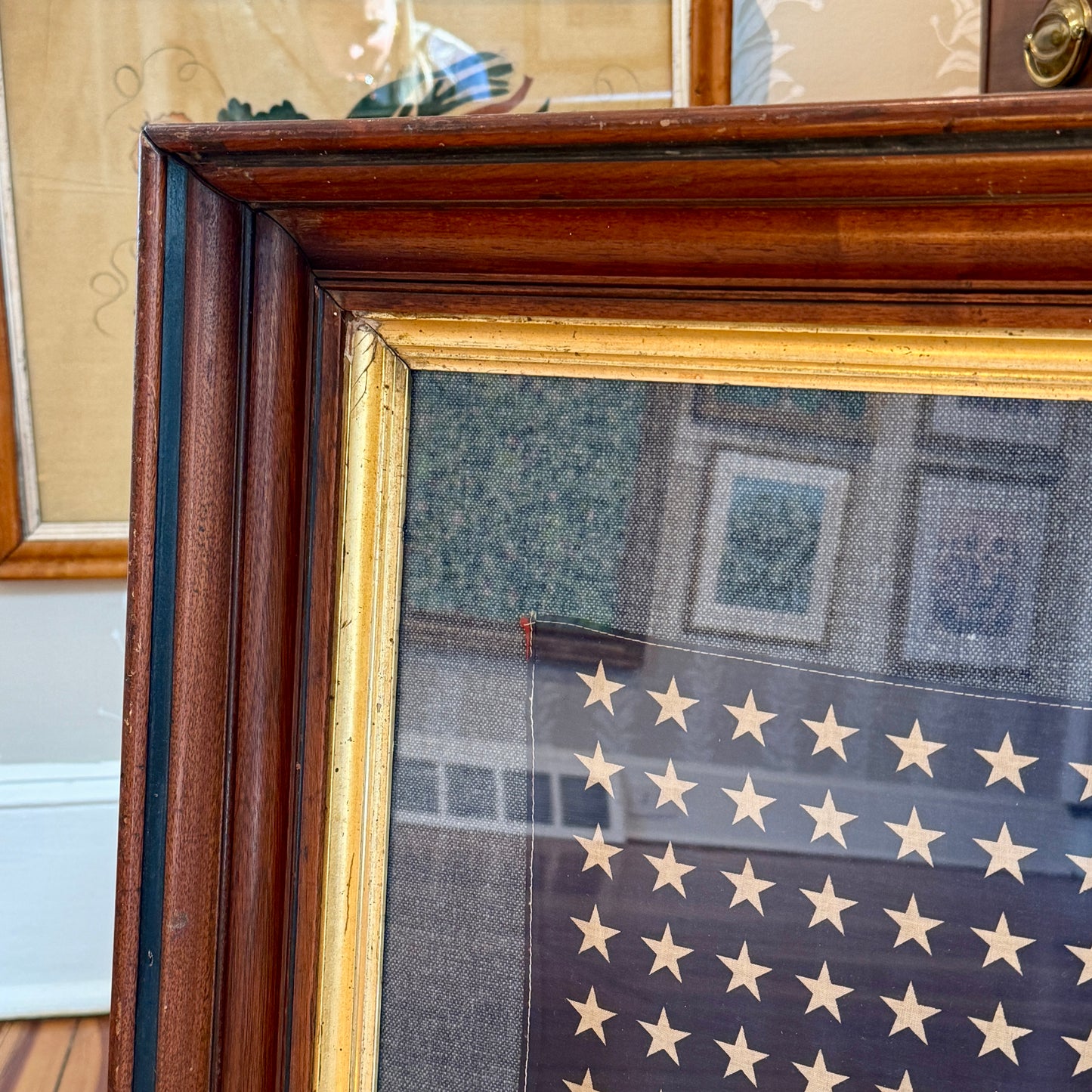48 Star American Flag on Blue Pique in 19th Century Walnut Frame