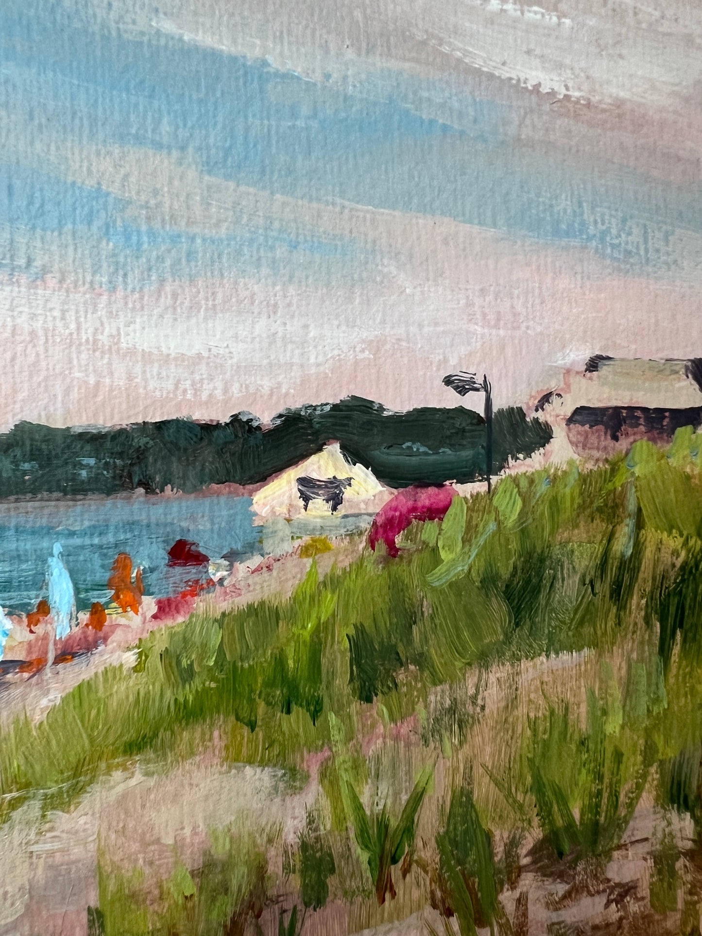 Tom Hussey "Afternoon at Ocean Park" Maine Beach Scene Oil Painting in Gold Frame