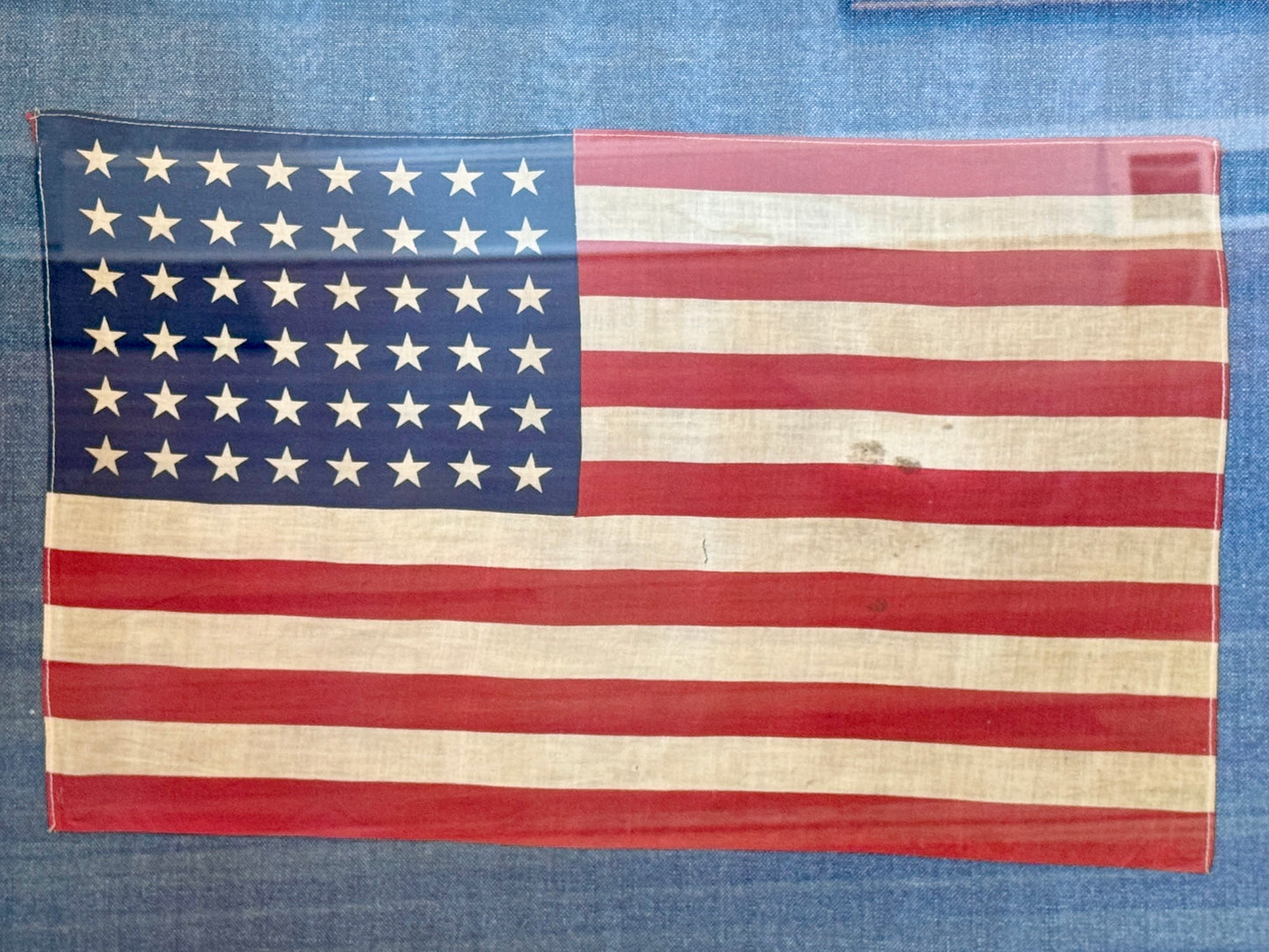 48 Star American Flag on Blue Pique in 19th Century Walnut Frame