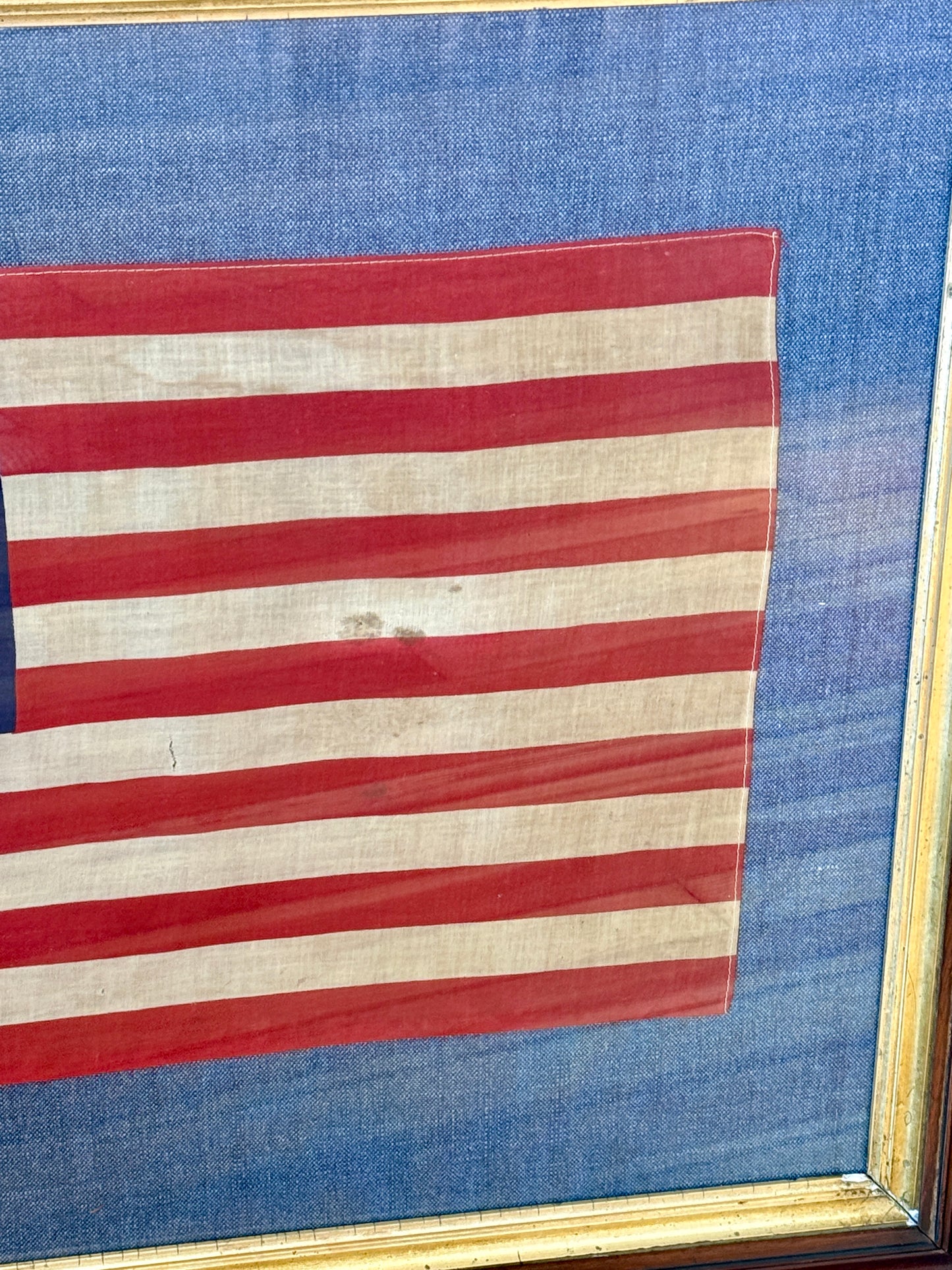 48 Star American Flag on Blue Pique in 19th Century Walnut Frame