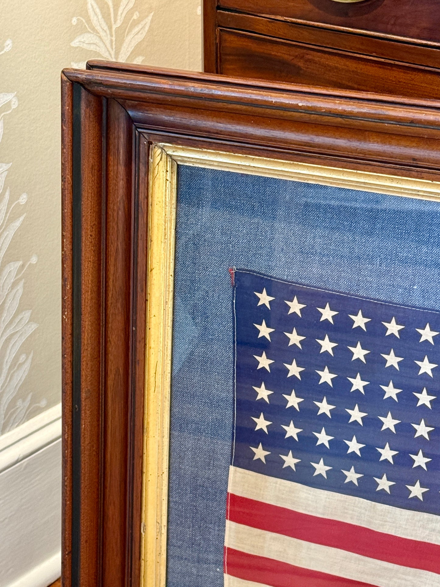 48 Star American Flag on Blue Pique in 19th Century Walnut Frame