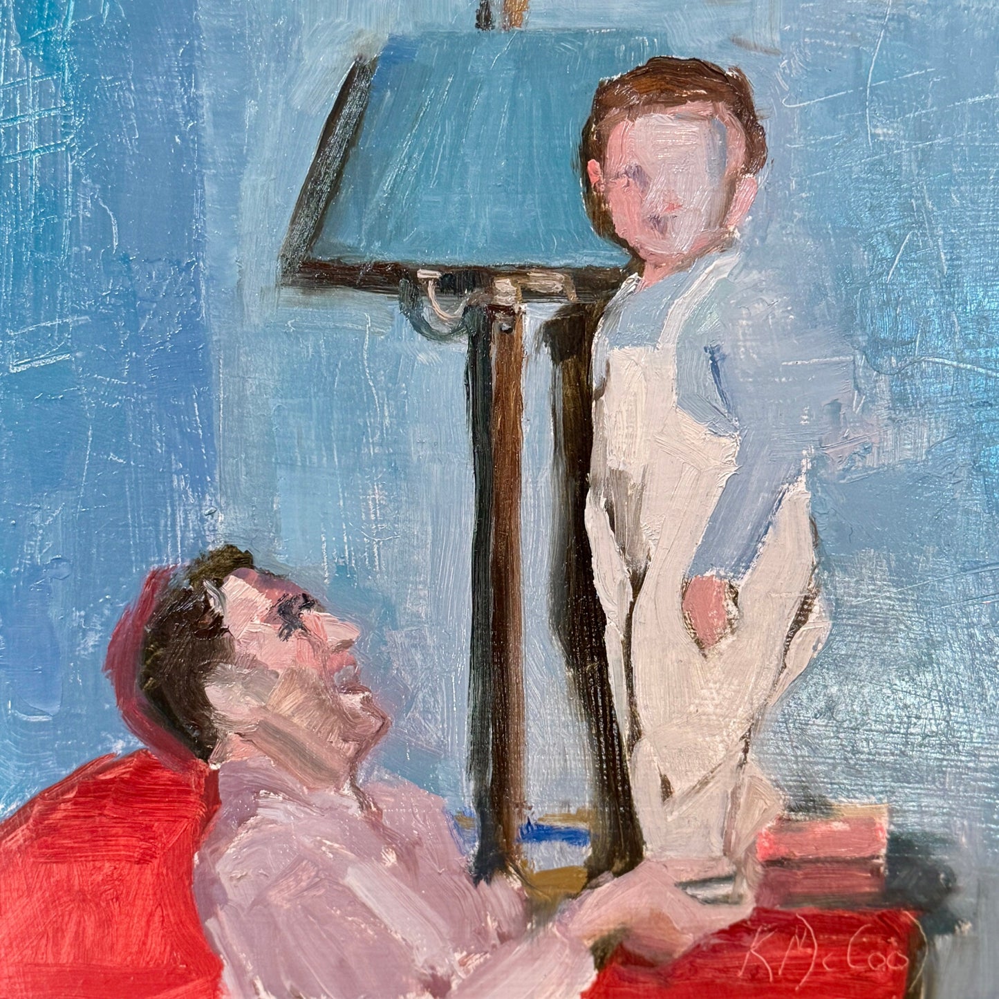 Karen McCool Stupid Dad Tricks Father Son Oil Painting in Black Floater Frame
